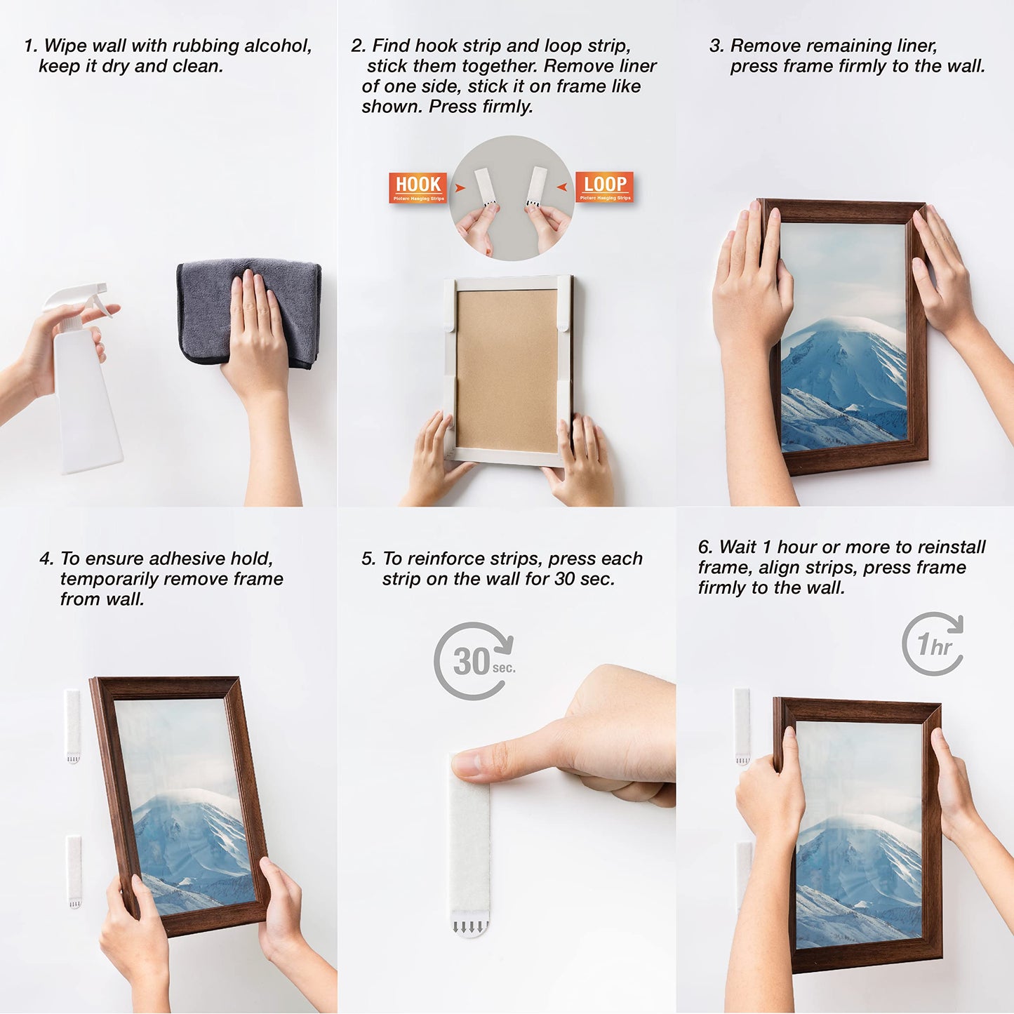 Picture Hanging Strips - No Drilling - Self-Adhesive Velcro - Hanging Picture Frames - Double-Sided Tape - Damage-Free Removal - Poster Strips - Hanging System - Wall Decoration - Strong Adhesive - White - 24 Pairs (48 Strips)