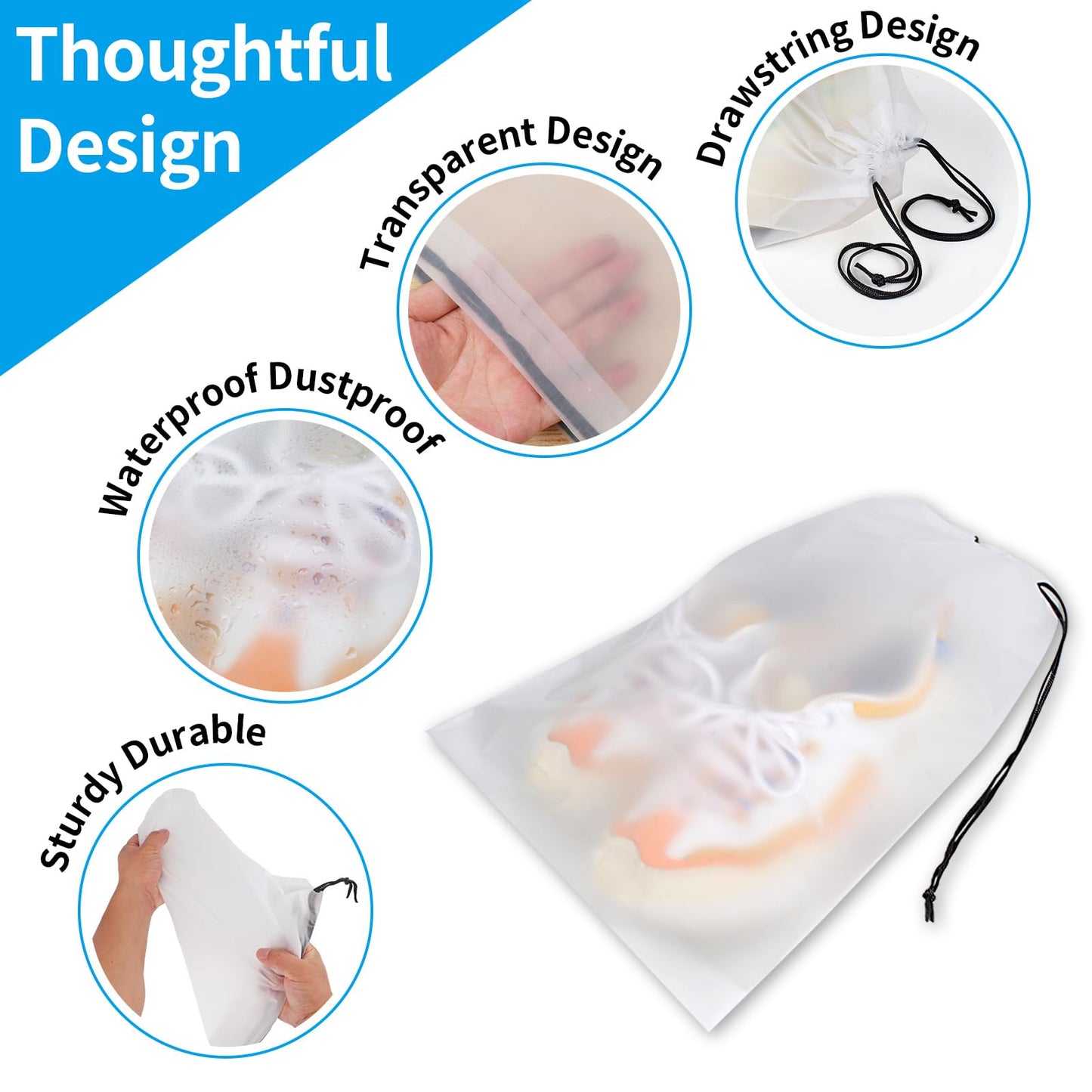Shoe Bags - Travel Organizer - Shoe Storage - Suitcase Organizers - Transparent - Water-Repellent - Dust-Free - Storage Bags - Drawstring - Sneakers - Holiday Accessories - Sports Bag - Camping - White - Large Size - 10 Pieces