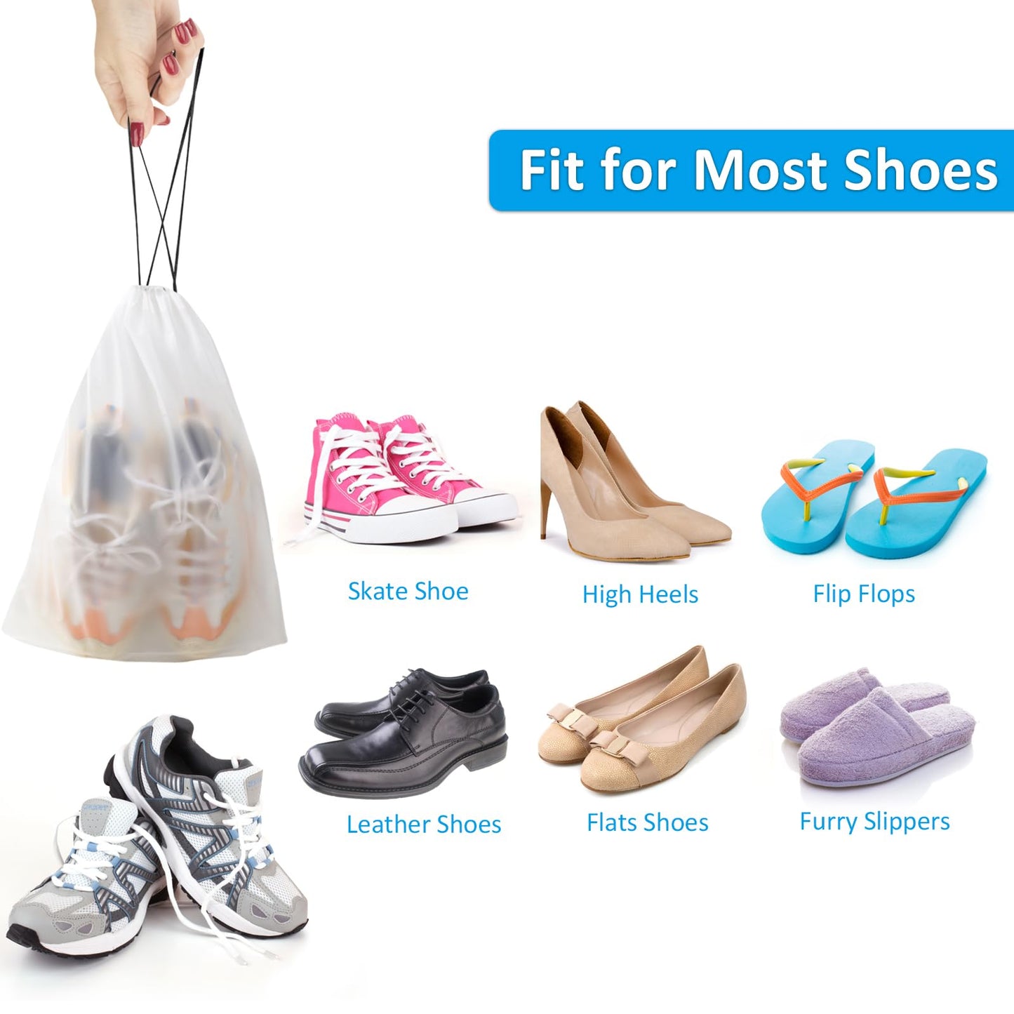 Shoe Bags - Travel Organizer - Shoe Storage - Suitcase Organizers - Transparent - Water-Repellent - Dust-Free - Storage Bags - Drawstring - Sneakers - Holiday Accessories - Sports Bag - Camping - White - Large Size - 10 Pieces