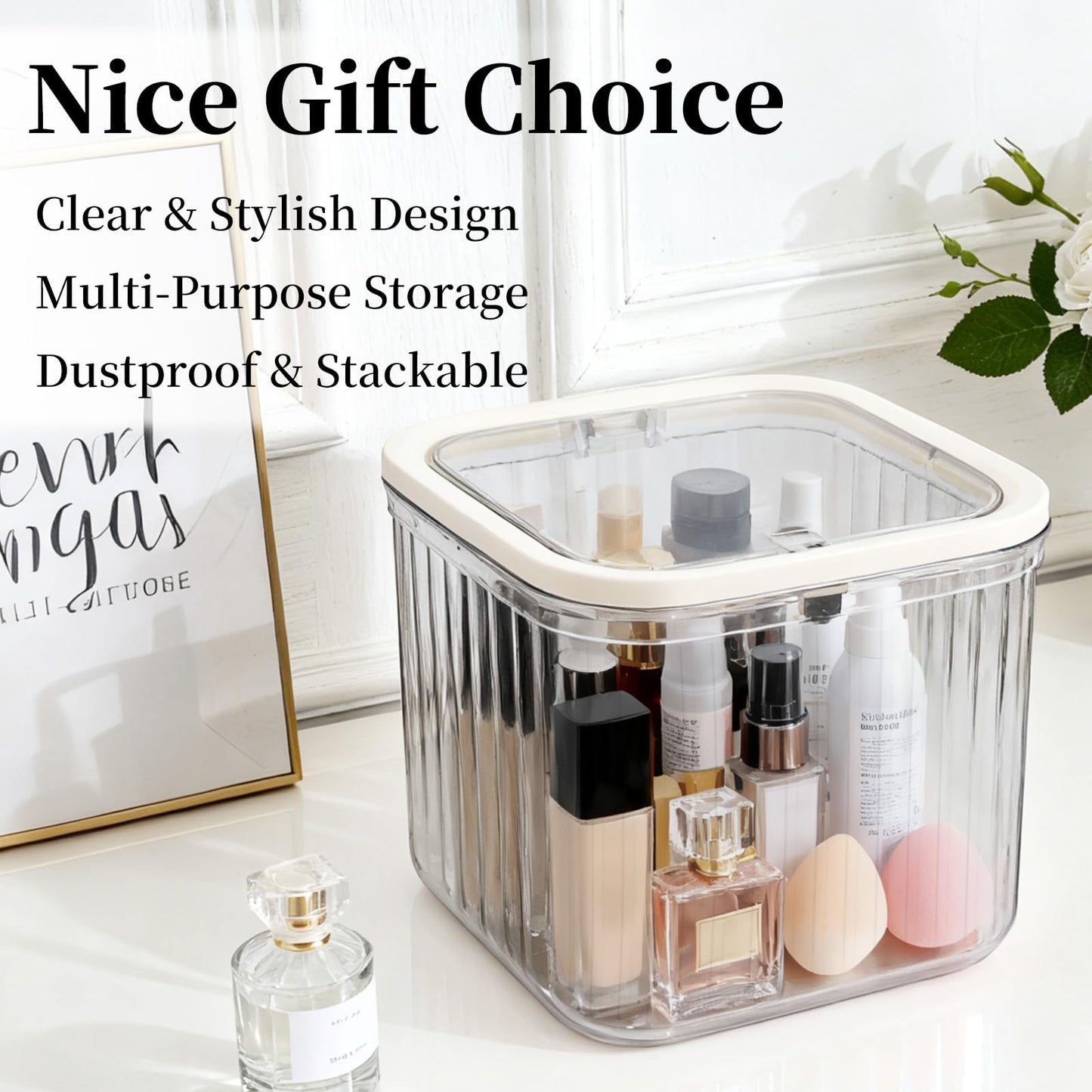 Makeup Organizer - Storage Box with Lid - Jewelry Box - Bathroom Accessories - Cosmetics Storage - Hair Accessories - Storage Box - Storage Containers - Toilet Organizer - Acrylic - Transparent - Set of 2