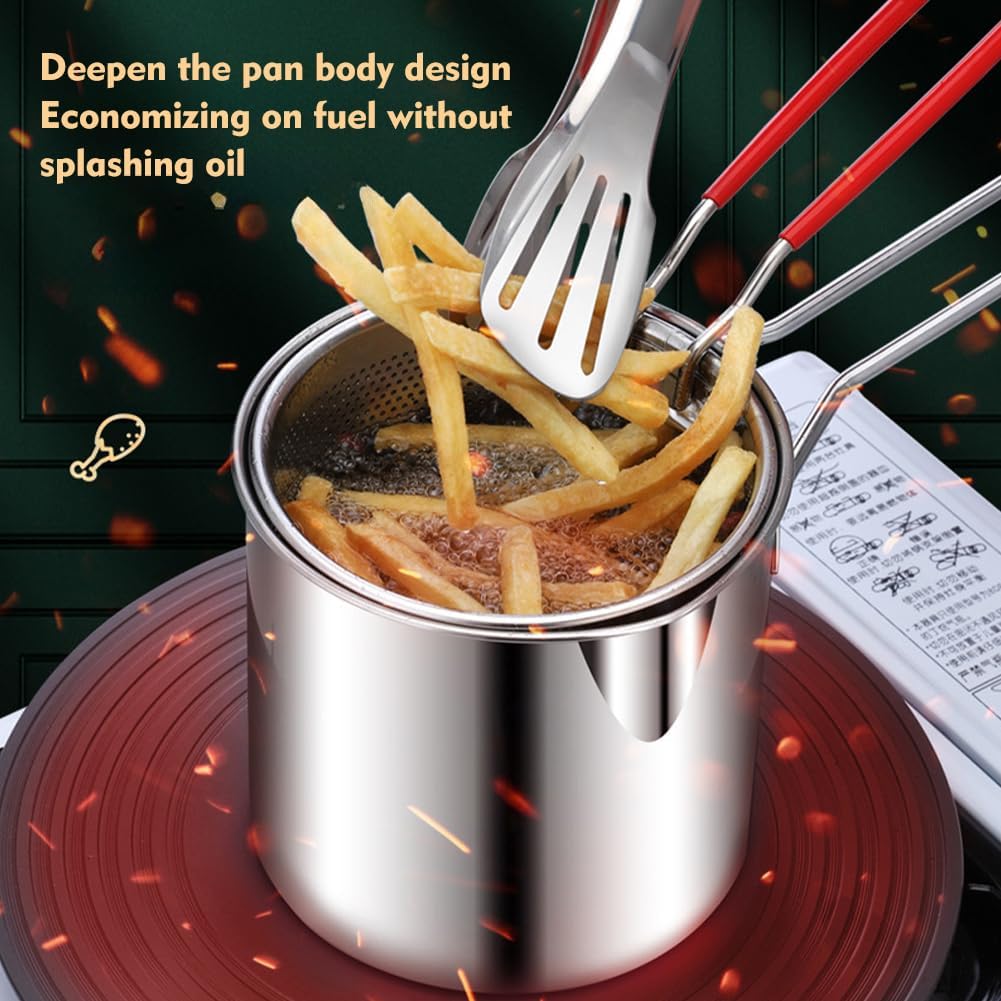 Deep Fryer - Mini Deep Fryer - Stainless Steel Oil Pan - Tempura Pan - Cooking Pan with Frying Basket - French Frying Pan - Induction and Gas - Frying Pan - Deep Fryer with Lid - Kitchen Accessories - Frying Set - Pans - Oil Filter - Sauté Pan - Silver -