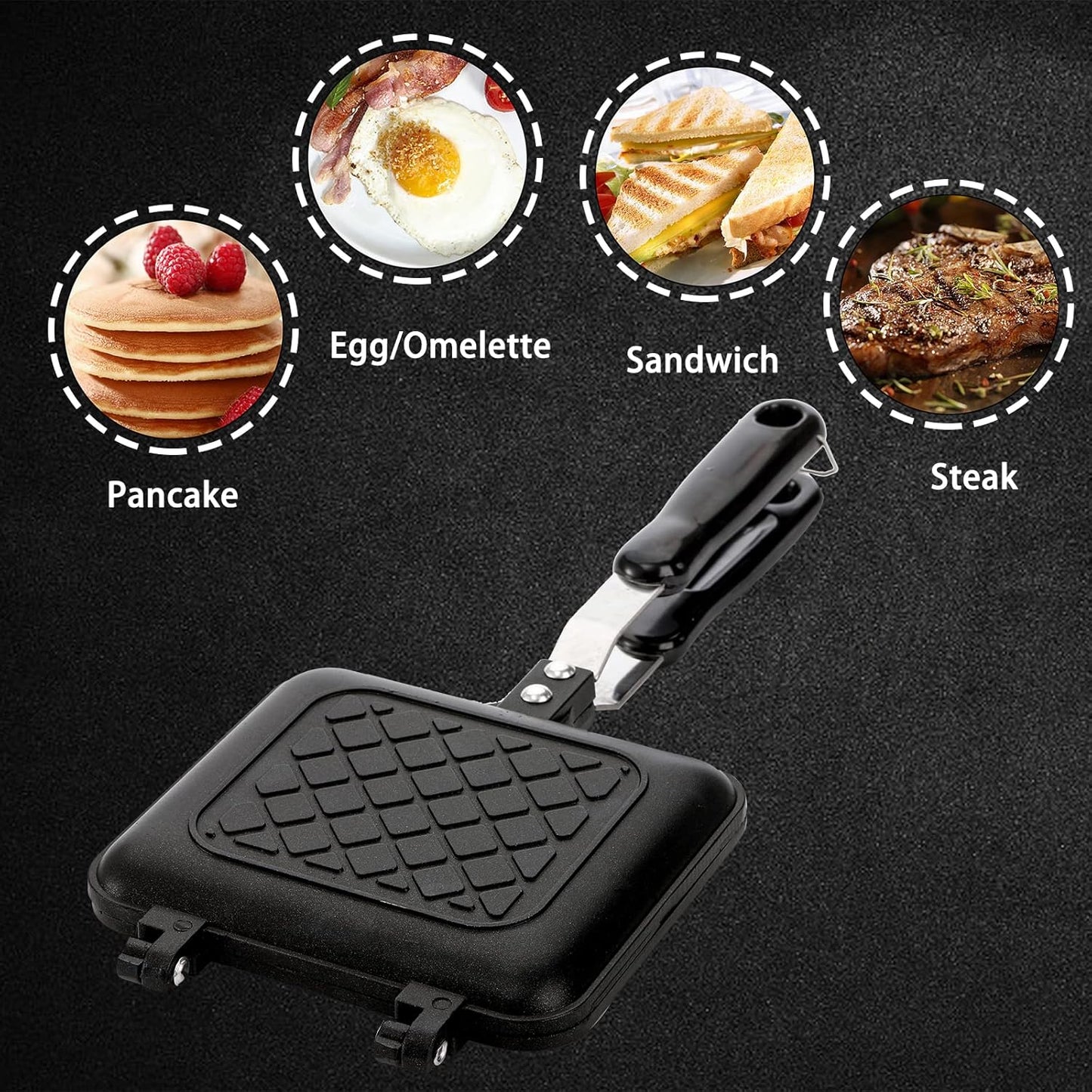 Sandwich Iron - Sandwich Maker - Grill Pan - Camping Sandwich Iron - Panini Grill - Frying Pan - Gas Stove Pan - Double-Sided Pan - Non-Stick Coating - Sandwich Clamp - Manual Toaster - Toaster - Breakfast Making - Kitchen - Black - 1 Piece