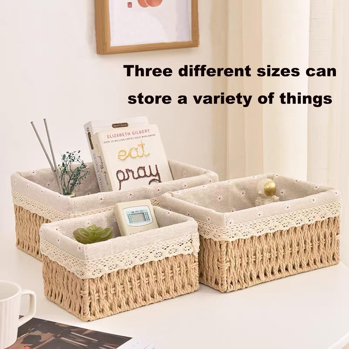 Storage Basket - Basket Set - Wicker Basket - Woven Basket - Cabinet Basket - Bathroom Basket - Storage Box - Drawer Organizer - Living Room - Bedroom - Bathroom Accessories - With Fabric Lining - Floral Print - Country Style - 3 Sizes - Natural - 3 Piece