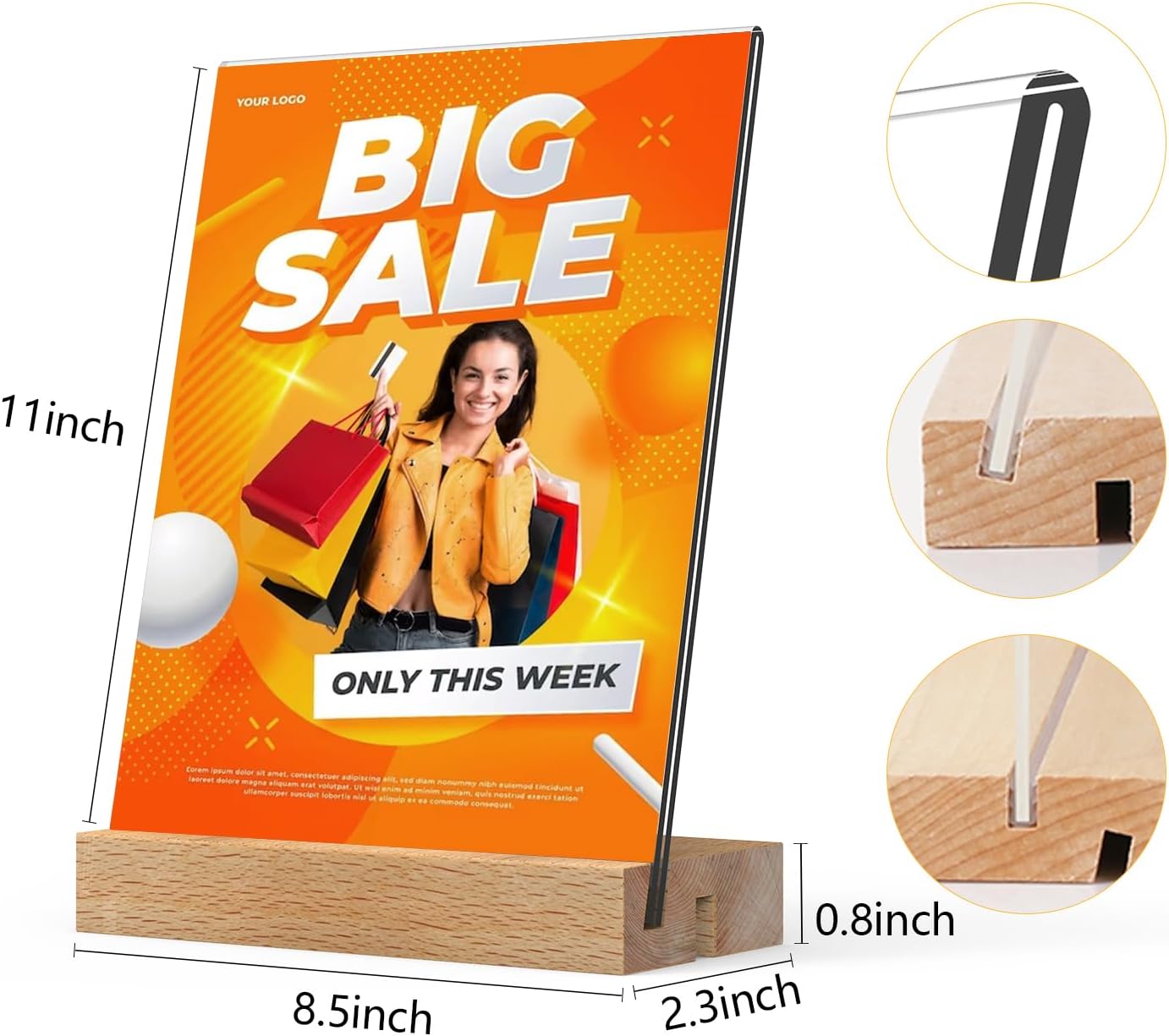 Menu Card Holder A4 - Photo Frame with Wooden Base - Table Stand - Brochure Holder - Acrylic Stand - Hospitality - Office - Wedding Decoration - Information Holder - Double Slot - Straight and Angled - Transparent and Wood - 3 Pieces