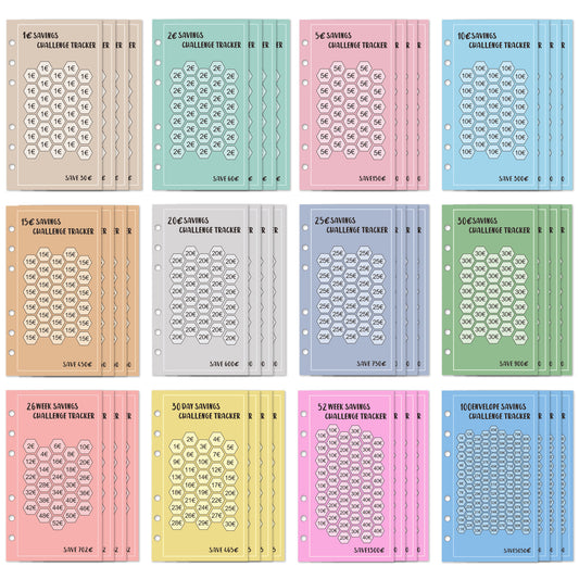 Savings Challenge - Budget Binder Refill A6 - Savings Challenge Tracker - Cash Stuffing Envelopes - Save Money - Financial Planner - Cash Book - Budget Planner - Euro Currency - Money Organizer - Goal Savings - Mix Colors - 48 Pieces