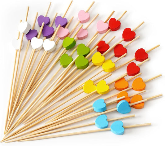 Cocktail sticks - Satay sticks - Tapas sticks - Hearts - Party supplies - Snacks - Birthday - Decoration - Snacks - High Tea - BBQ - Wedding - Treat - Buffet - Cheese sticks - Wood - Bamboo - 12 cm - Multi-colored - 100 Pieces