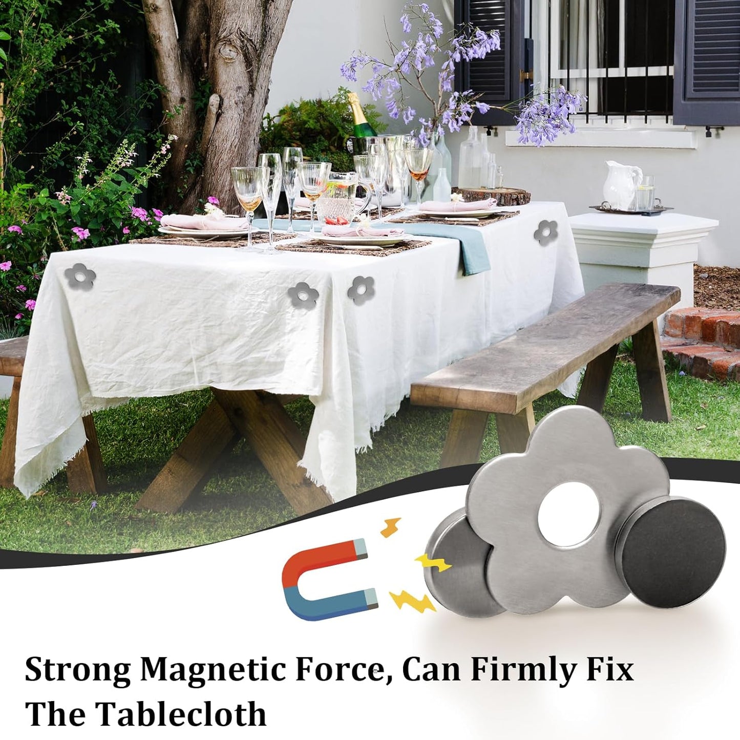 Tablecloth clips - Tablecloth weights - Magnetic clips - Tablecloth holder - Garden accessories - Picnic accessories - Windstopper tablecloth - Table accessories - Outdoor dining - Magnetic weight - Bee design - Silver - 8 pieces
