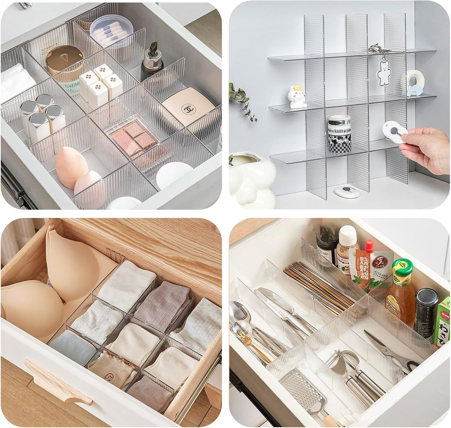 Drawer dividers with clips - Drawer organizer - Storage system - Adjustable drawer divider - Desk organizer - Kitchen drawer organizer - Make-up organizer - Drawer division - Sock organizer - Underwear organizer - Storage box drawer - 2mm - Transparent -
