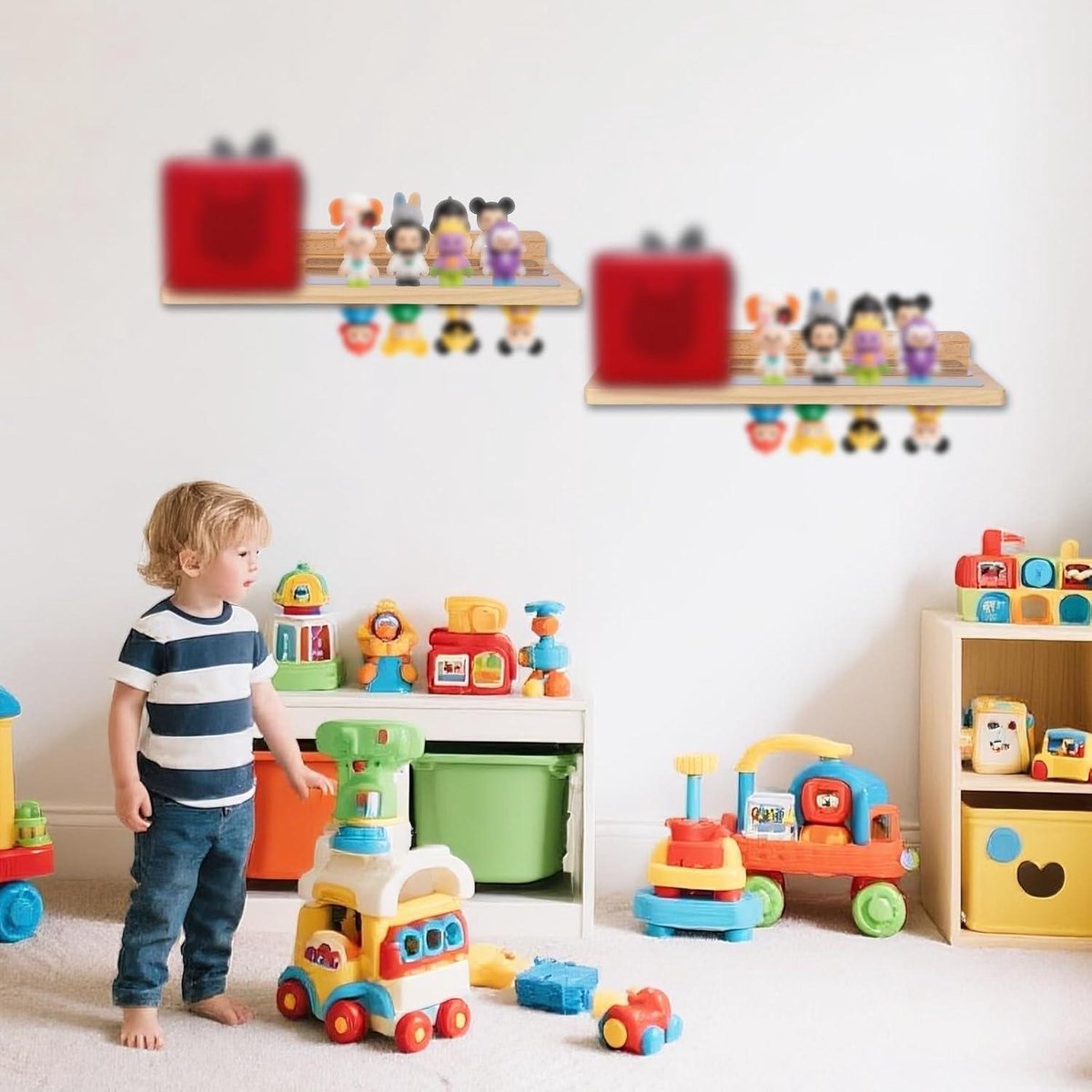 Wooden magnetic shelf for toy figures - wall mount with floating display - 1-tier organizer for children's room with charging station - storage accessories.