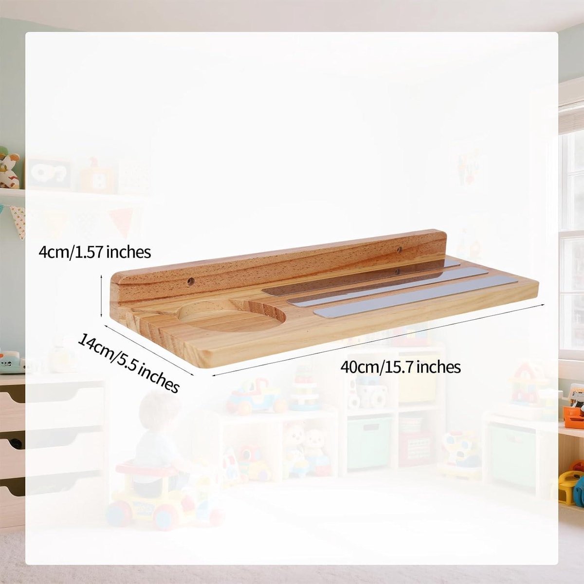 Wooden magnetic shelf for toy figures - wall mount with floating display - 1-tier organizer for children's room with charging station - storage accessories.