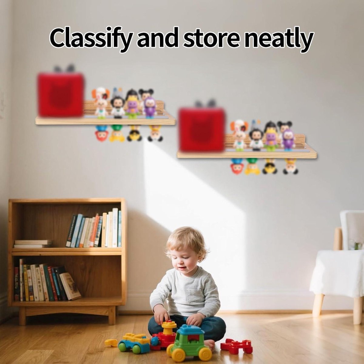 Wooden magnetic shelf for toy figures - wall mount with floating display - 1-tier organizer for children's room with charging station - storage accessories.