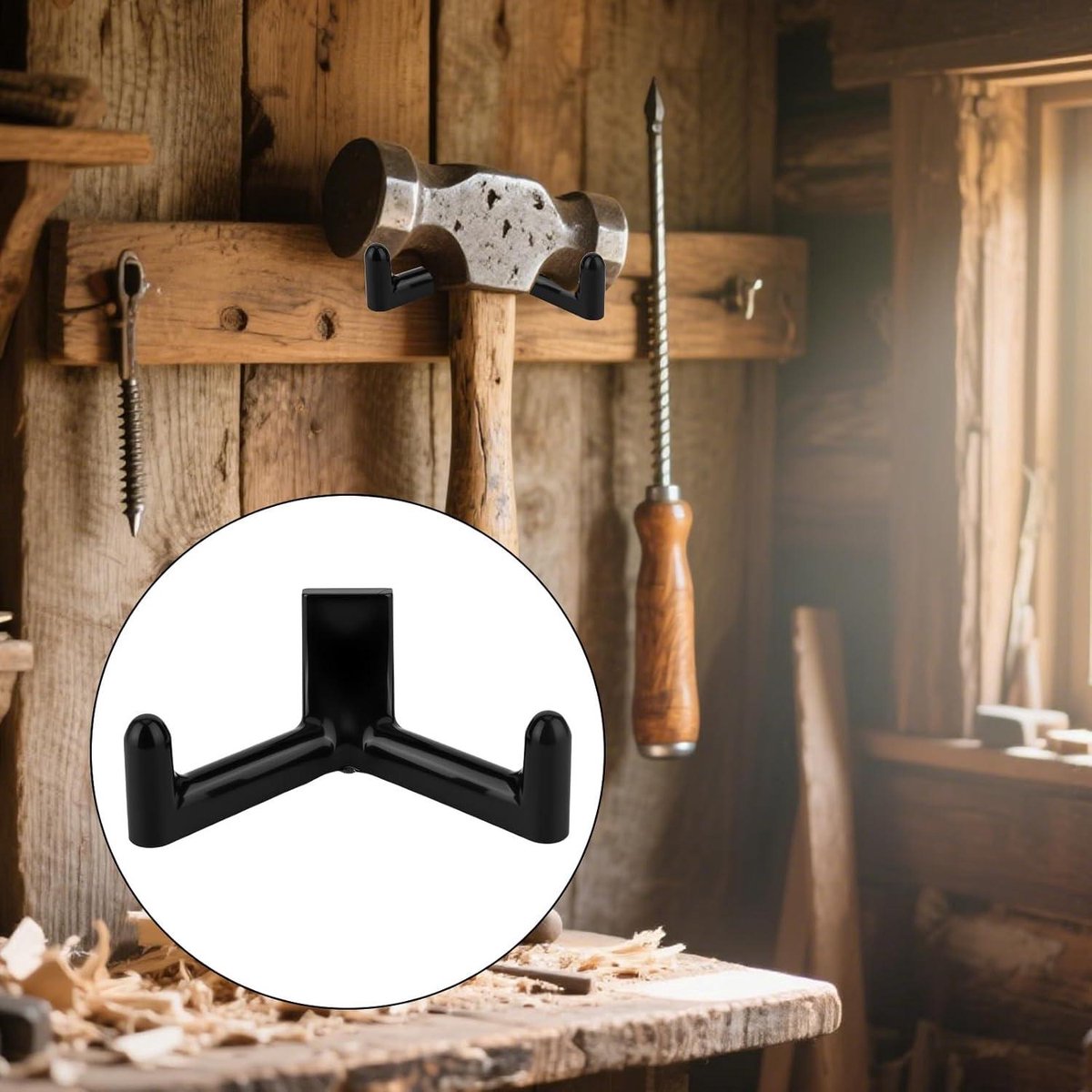 Tool Hooks for Garden Shed - Set of 3 | Double-Head Design for Shovels and Rakes | Handy Storage Accessories | Compatible with Garden Shed - Black