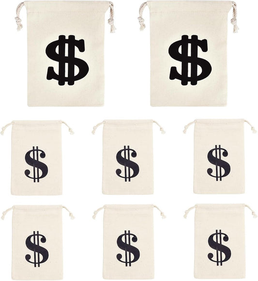 Pack of 8 Fabric Bags - Small Dollar Sign - Drawstring - Coin Pocket - Storage Accessories