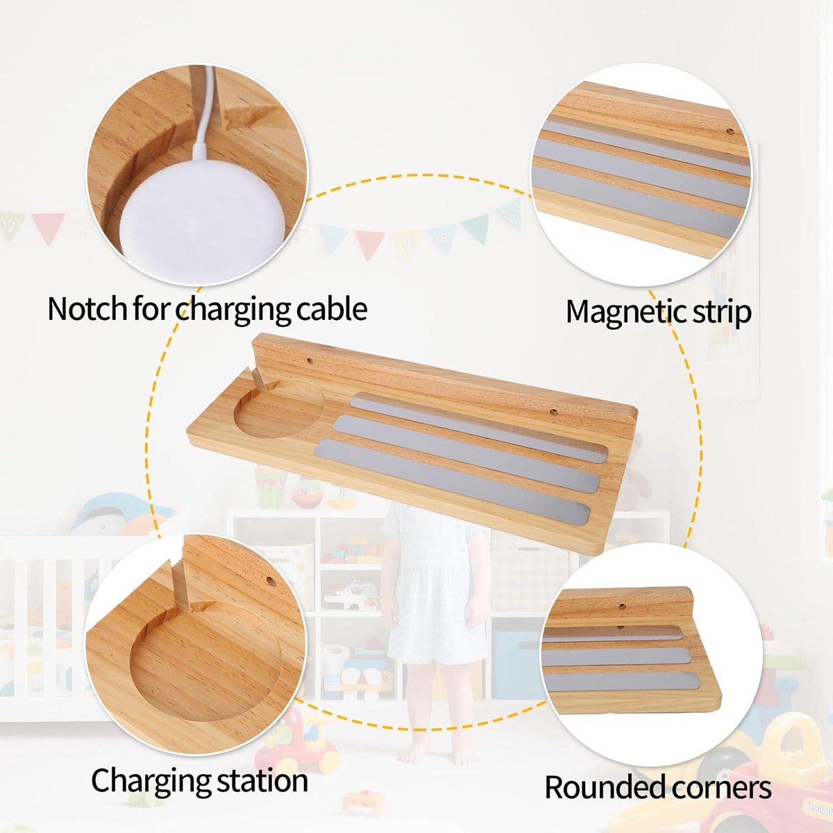 Allecto plus - Magnetic Shelf for Tonies, Wooden Display Shelf for Toy Figures with Charging Station - Nursery Organizer with Floating Design and Storage Accessories.