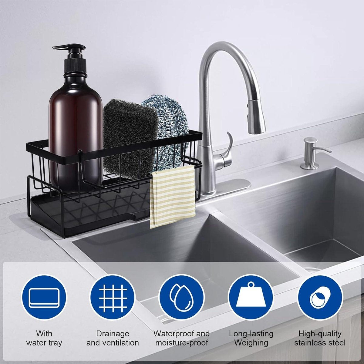 Allecta - Sponge holder and organizer for sink - Draining rack and soap dish with brush holder - Kitchen storage accessories - Grey.