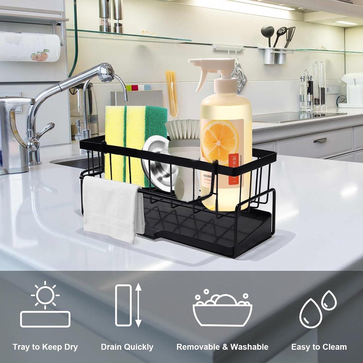Allecta - Sponge holder and organizer for sink - Draining rack and soap dish with brush holder - Kitchen storage accessories - Grey.
