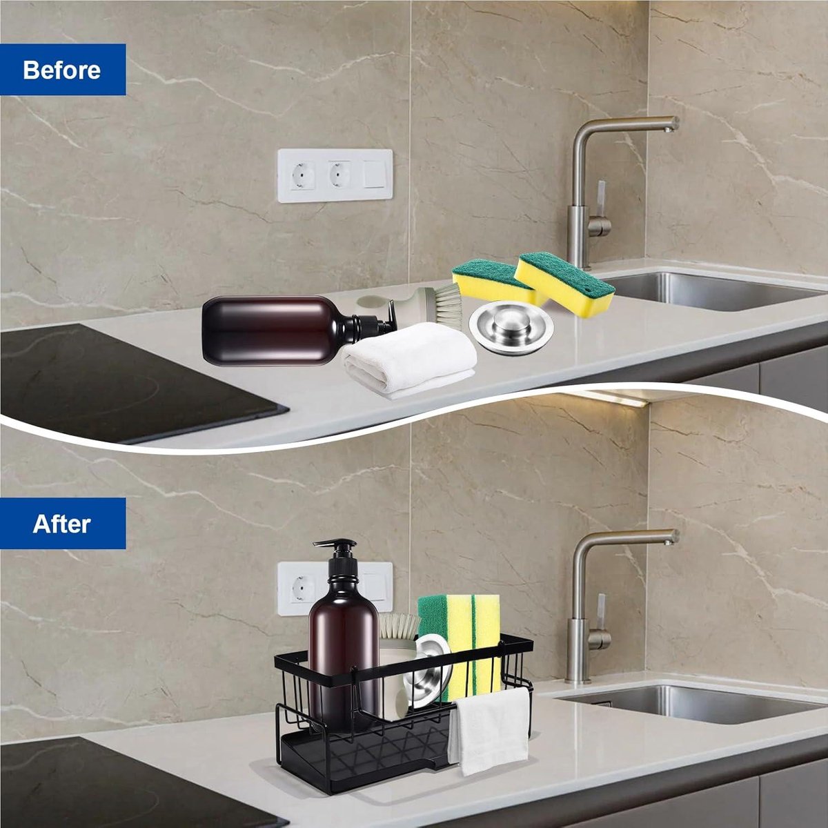 Allecta - Sponge holder and organizer for sink - Draining rack and soap dish with brush holder - Kitchen storage accessories - Grey.