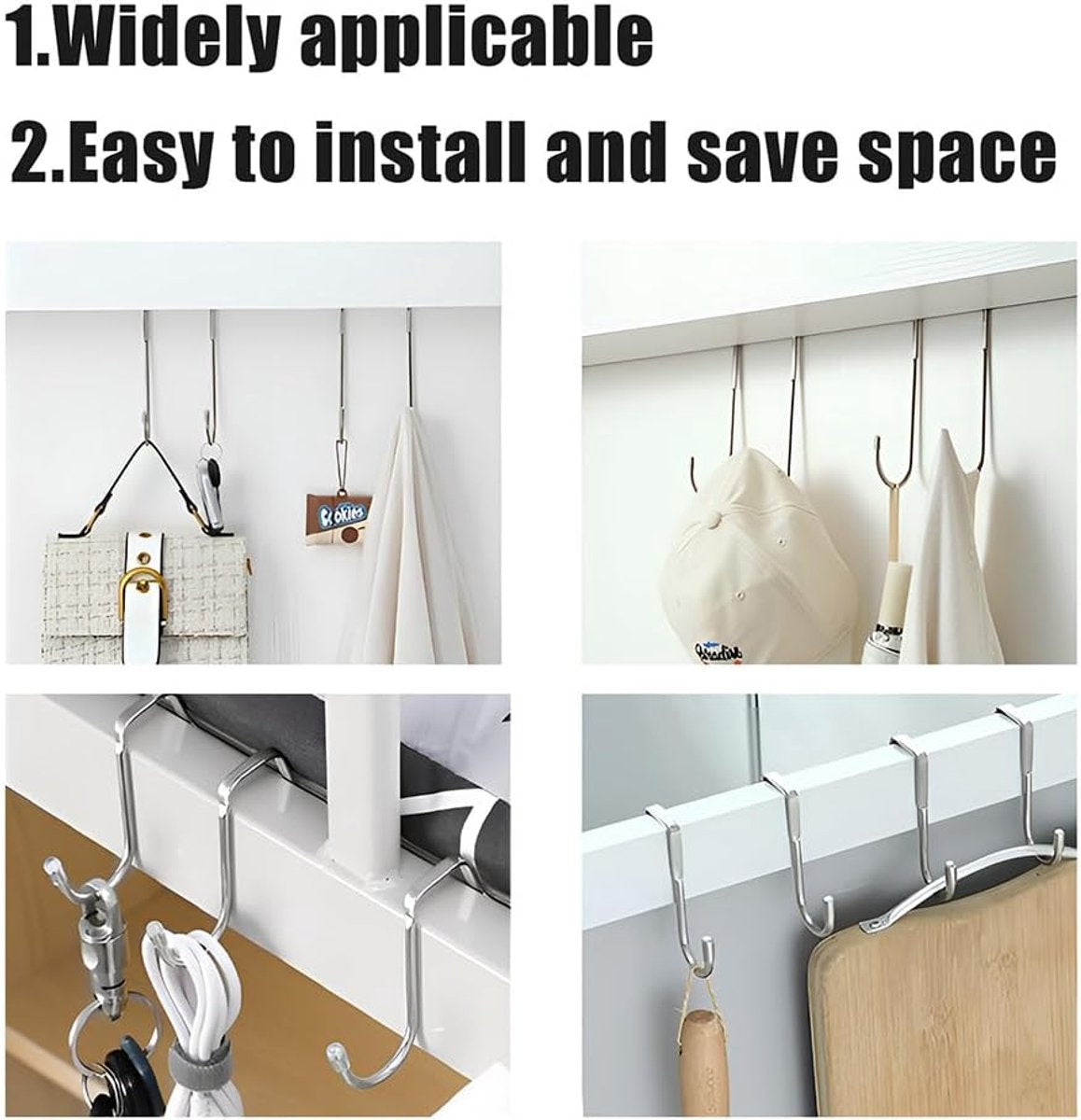 4 pieces - Hooks - Cabinet door hooks - S-shaped hooks - Storage hooks - Storage accessories - Suitable for kitchens, bathrooms, cabinets, nightstands - Silver - 6.5*2.5*7.5 cm