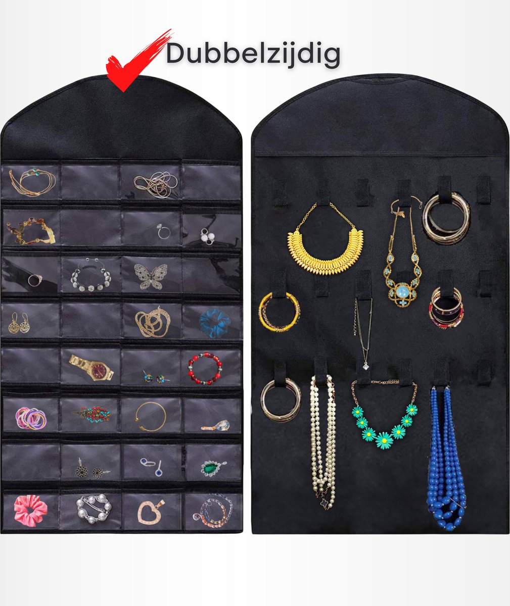 Aerend - Jewelry organizer - Double-sided hanging and transparent jewelry stand - Storage accessories - Over-the-door storage bag in black - For necklaces, earrings, sunglasses, rings, makeup