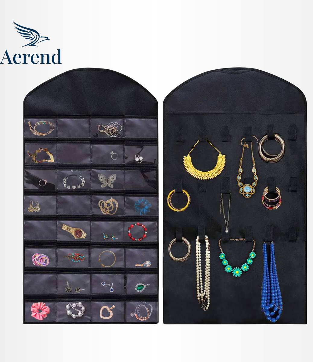 Aerend - Jewelry organizer - Double-sided hanging and transparent jewelry stand - Storage accessories - Over-the-door storage bag in black - For necklaces, earrings, sunglasses, rings, makeup