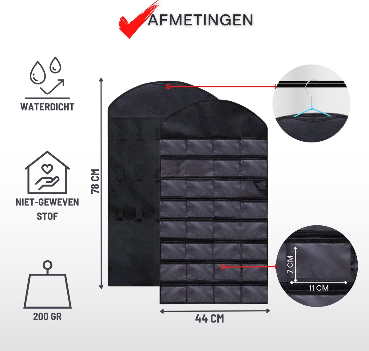 Aerend - Jewelry organizer - Double-sided hanging and transparent jewelry stand - Storage accessories - Over-the-door storage bag in black - For necklaces, earrings, sunglasses, rings, makeup