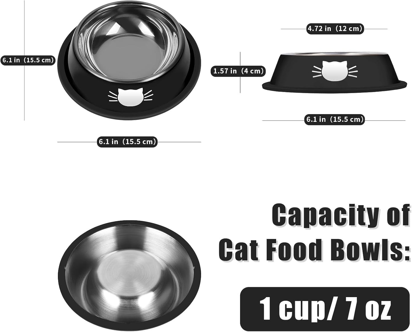2/3Pcs Cat Bowls Non-Slip Stainless Steel Small Cat Food Bowls Unbreakable Thicken Cat Feeder 7 Oz Cat Dishes Suitable for Indoor Small Pets Removable Rubber Base Easily Clean Lovely Color Black