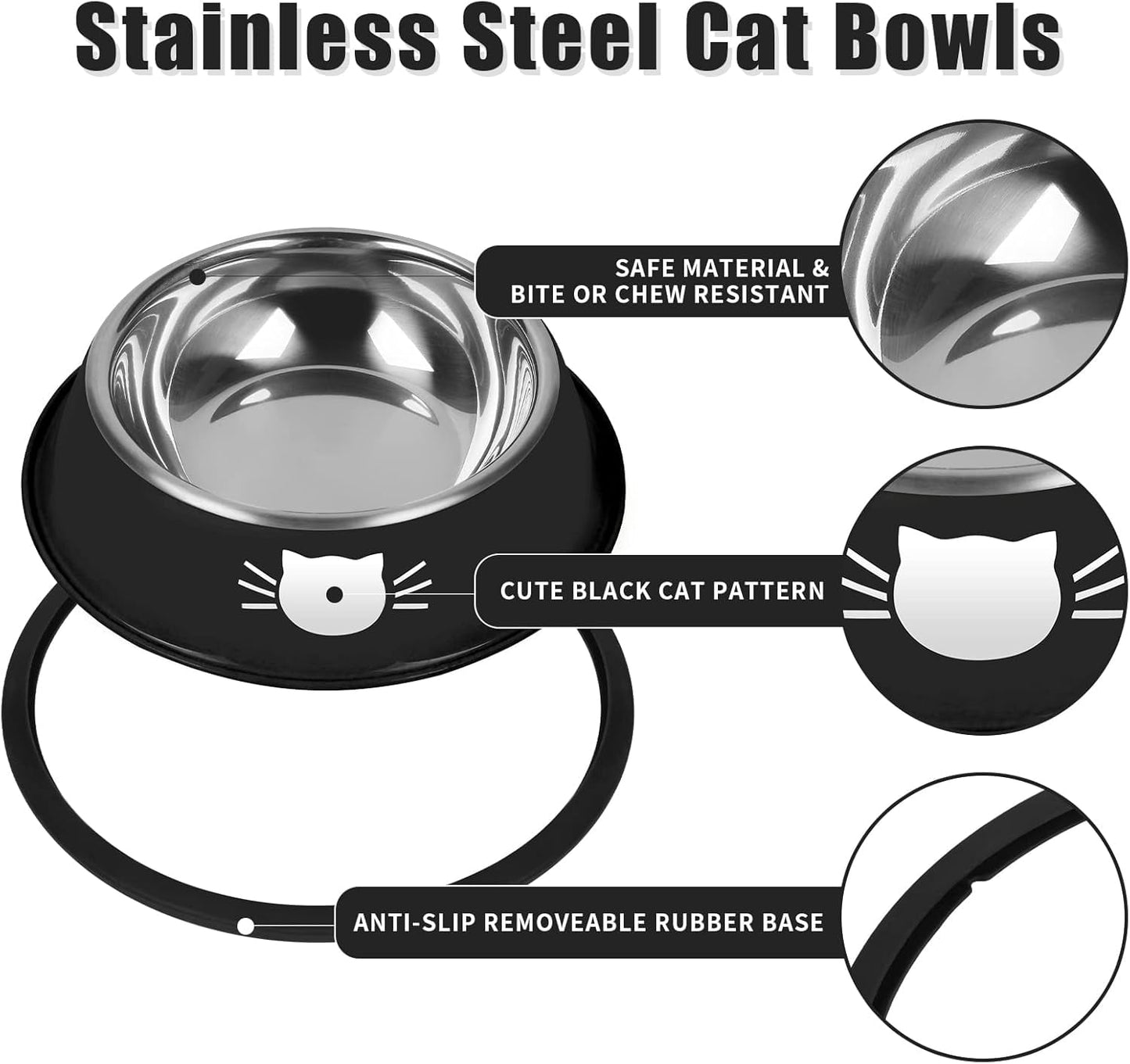 2/3Pcs Cat Bowls Non-Slip Stainless Steel Small Cat Food Bowls Unbreakable Thicken Cat Feeder 7 Oz Cat Dishes Suitable for Indoor Small Pets Removable Rubber Base Easily Clean Lovely Color Black