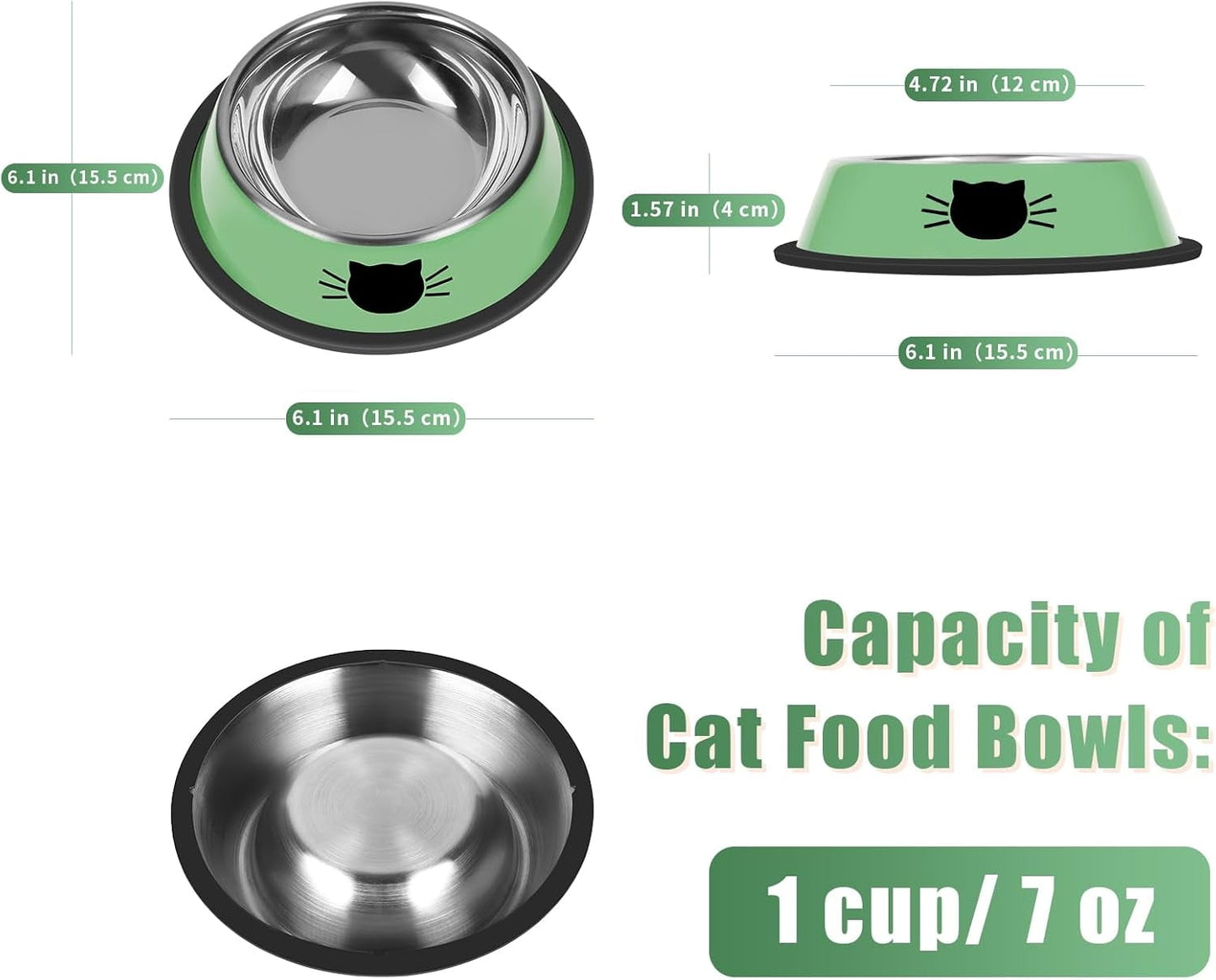 2/3Pcs Cat Bowls Non-Slip Stainless Steel Small Cat Food Bowls Unbreakable Thicken Cat Feeder 7 Oz Cat Dishes Suitable for Indoor Small Pets Removable Rubber Base Easily Clean Lovely Color Green