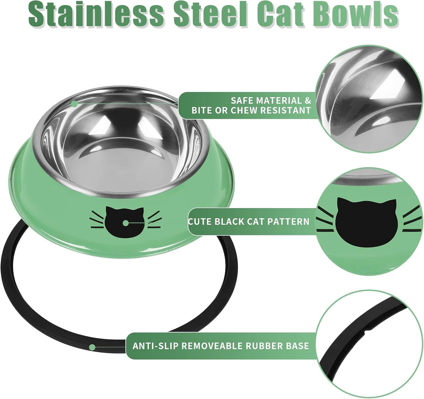 2/3Pcs Cat Bowls Non-Slip Stainless Steel Small Cat Food Bowls Unbreakable Thicken Cat Feeder 7 Oz Cat Dishes Suitable for Indoor Small Pets Removable Rubber Base Easily Clean Lovely Color Green
