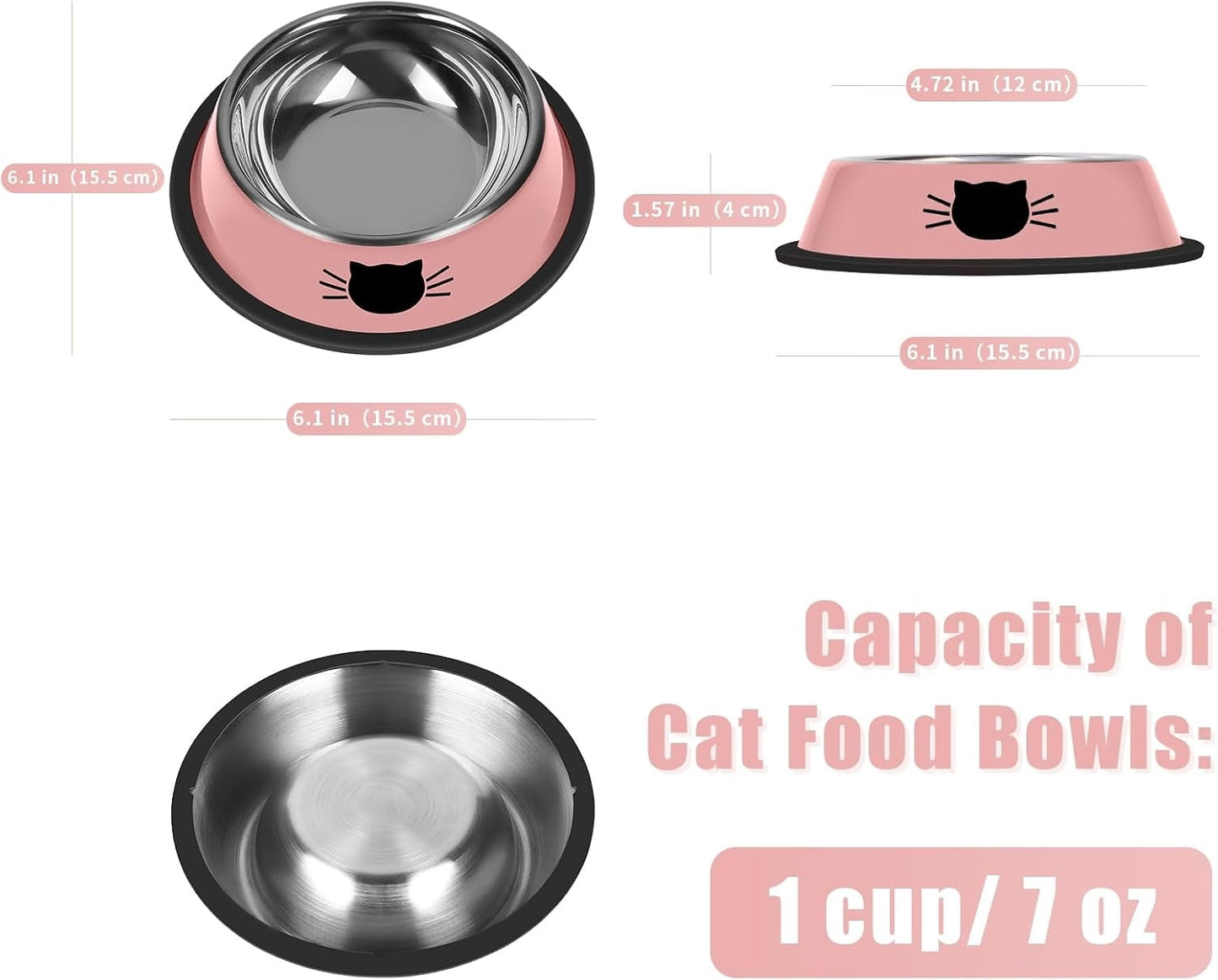 2/3Pcs Cat Bowls Non-Slip Stainless Steel Small Cat Food Bowls Unbreakable Thicken Cat Feeder 7 Oz Cat Dishes Suitable for Indoor Small Pets Removable Rubber Base Easily Clean Lovely Color Pink