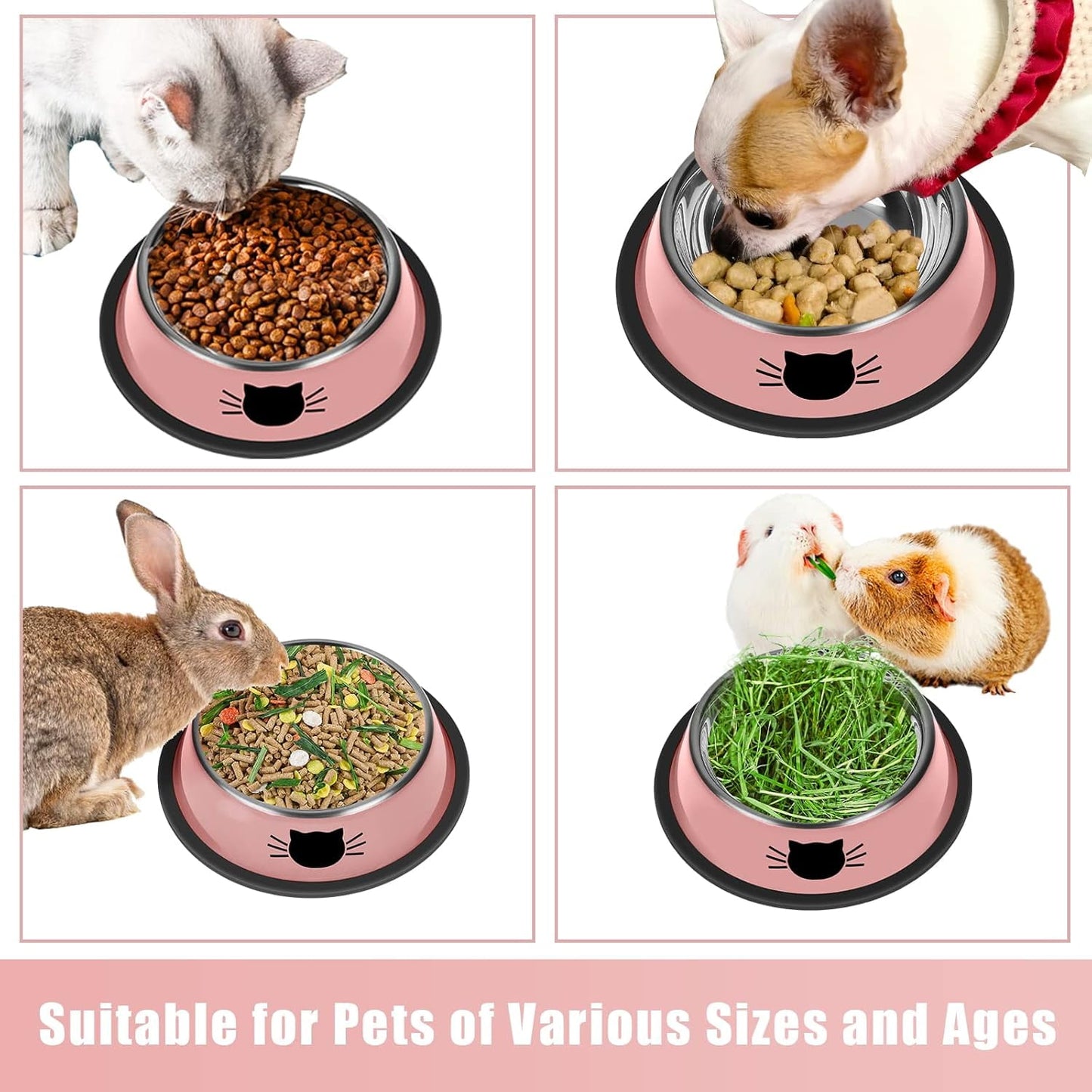 2/3Pcs Cat Bowls Non-Slip Stainless Steel Small Cat Food Bowls Unbreakable Thicken Cat Feeder 7 Oz Cat Dishes Suitable for Indoor Small Pets Removable Rubber Base Easily Clean Lovely Color Pink