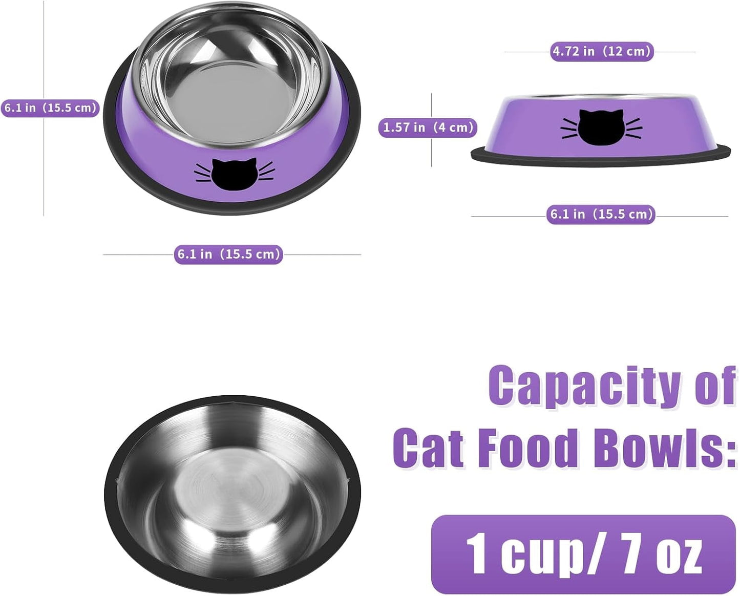 2/3Pcs Cat Bowls Non-Slip Stainless Steel Small Cat Food Bowls Unbreakable Thicken Cat Feeder 7 Oz Cat Dishes Suitable for Indoor Small Pets Removable Rubber Base Easily Clean Lovely Color Purple