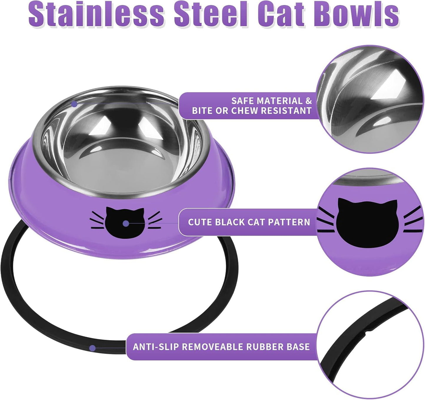 2/3Pcs Cat Bowls Non-Slip Stainless Steel Small Cat Food Bowls Unbreakable Thicken Cat Feeder 7 Oz Cat Dishes Suitable for Indoor Small Pets Removable Rubber Base Easily Clean Lovely Color Purple