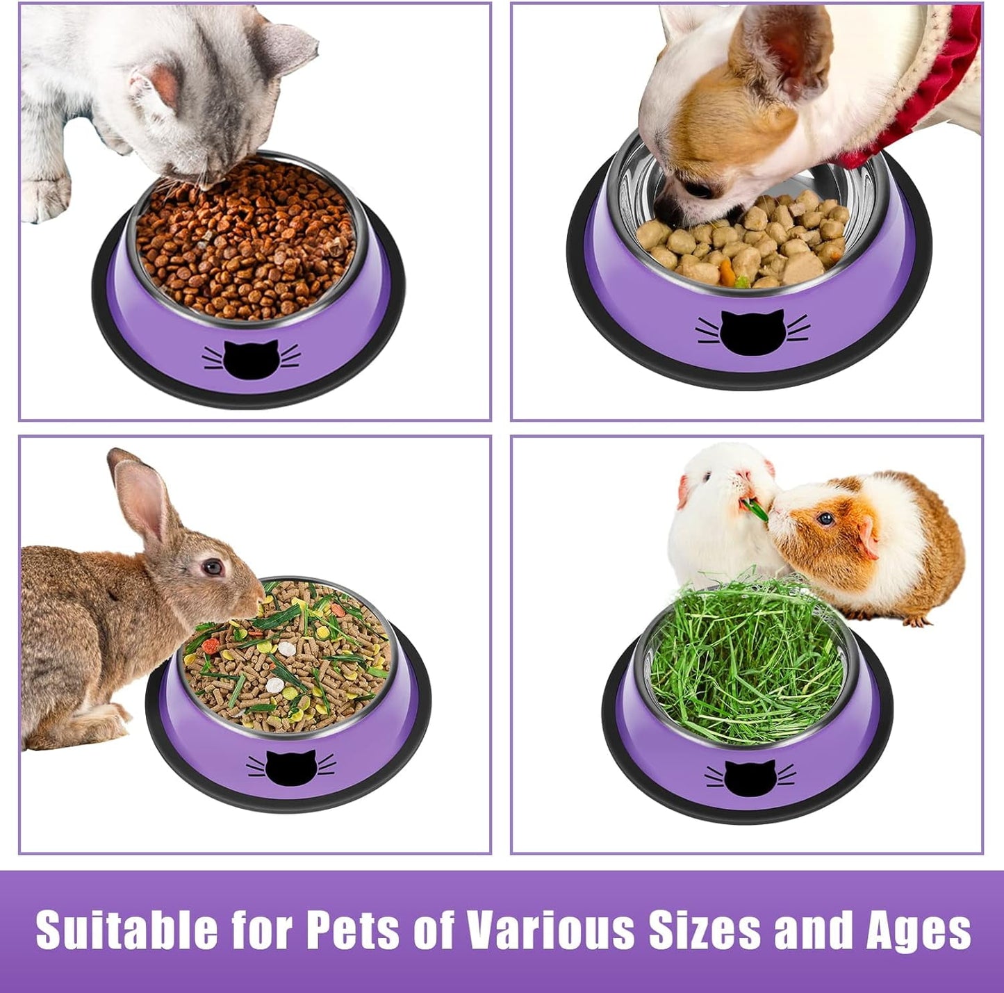2/3Pcs Cat Bowls Non-Slip Stainless Steel Small Cat Food Bowls Unbreakable Thicken Cat Feeder 7 Oz Cat Dishes Suitable for Indoor Small Pets Removable Rubber Base Easily Clean Lovely Color Purple