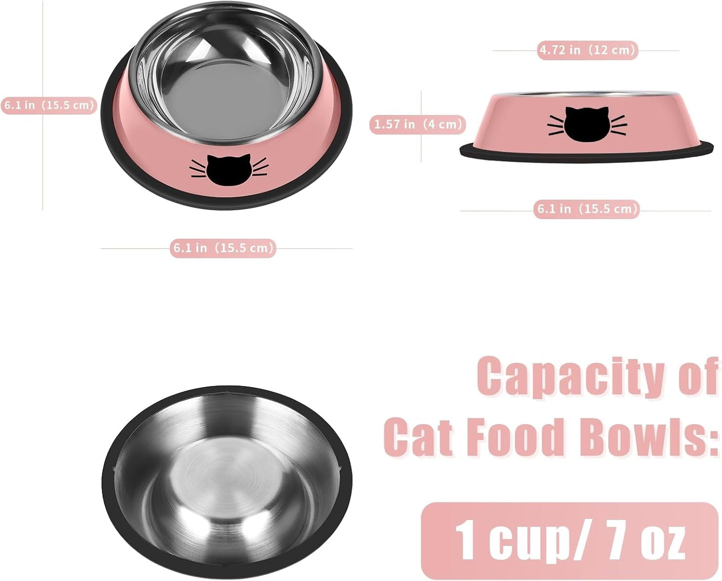 2/3Pcs Cat Bowls Non-Slip Stainless Steel Small Cat Food Bowls Unbreakable Thicken Cat Feeder 7 Oz Cat Dishes Suitable for Indoor Small Pets Removable Rubber Base Easily Clean Lovely Color Purple, Green, Pink