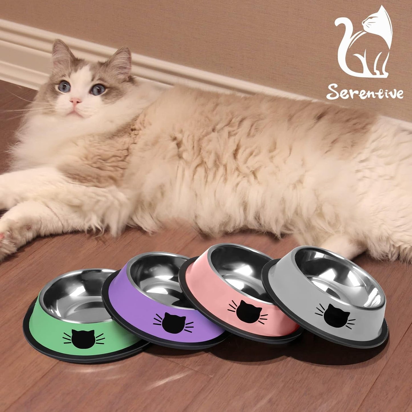 2/3Pcs Cat Bowls Non-Slip Stainless Steel Small Cat Food Bowls Unbreakable Thicken Cat Feeder 7 Oz Cat Dishes Suitable for Indoor Small Pets Removable Rubber Base Easily Clean Lovely Color Purple, Green, Pink