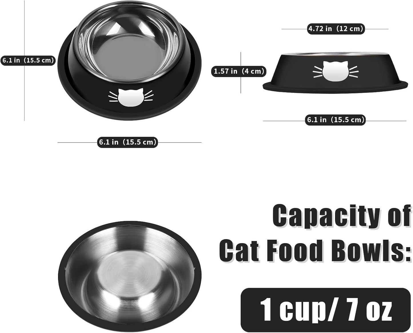 2/3Pcs Cat Bowls Non-Slip Stainless Steel Small Cat Food Bowls Unbreakable Thicken Cat Feeder 7 Oz Cat Dishes Suitable for Indoor Small Pets Removable Rubber Base Easily Clean Lovely Color Silver, Black