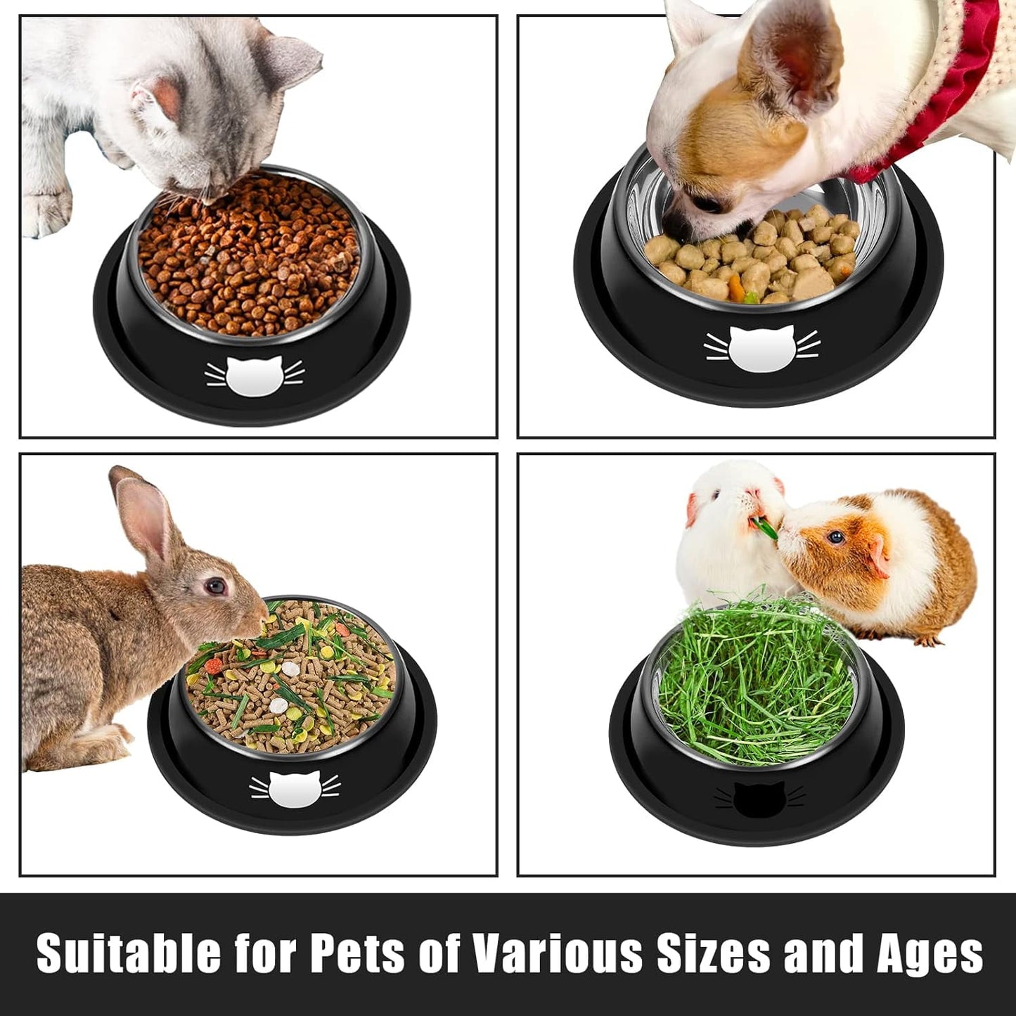 2/3Pcs Cat Bowls Non-Slip Stainless Steel Small Cat Food Bowls Unbreakable Thicken Cat Feeder 7 Oz Cat Dishes Suitable for Indoor Small Pets Removable Rubber Base Easily Clean Lovely Color Silver, Black