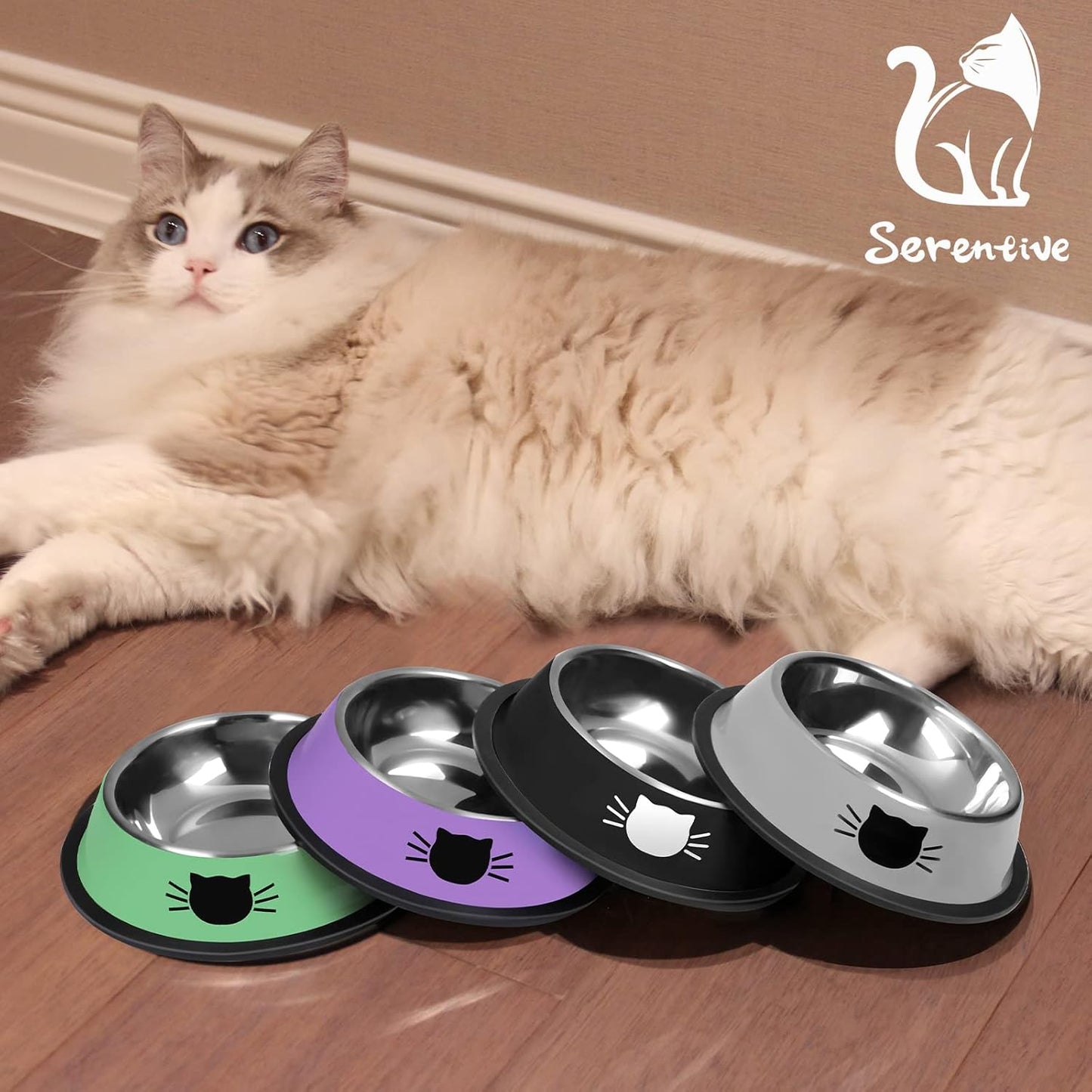 2/3Pcs Cat Bowls Non-Slip Stainless Steel Small Cat Food Bowls Unbreakable Thicken Cat Feeder 7 Oz Cat Dishes Suitable for Indoor Small Pets Removable Rubber Base Easily Clean Lovely Color Silver, Black