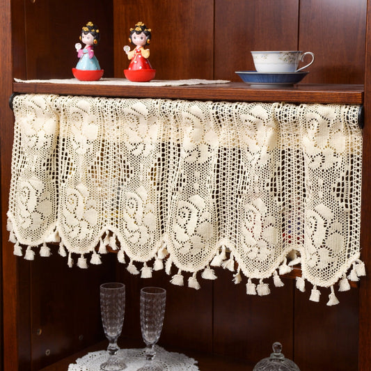 Vintage Curtains with tassels Curtain Valance for Kitchen Cafe, Short Boho Sheer Lace Crochet Curtain for Dinning Room 89" W x 14" L beige