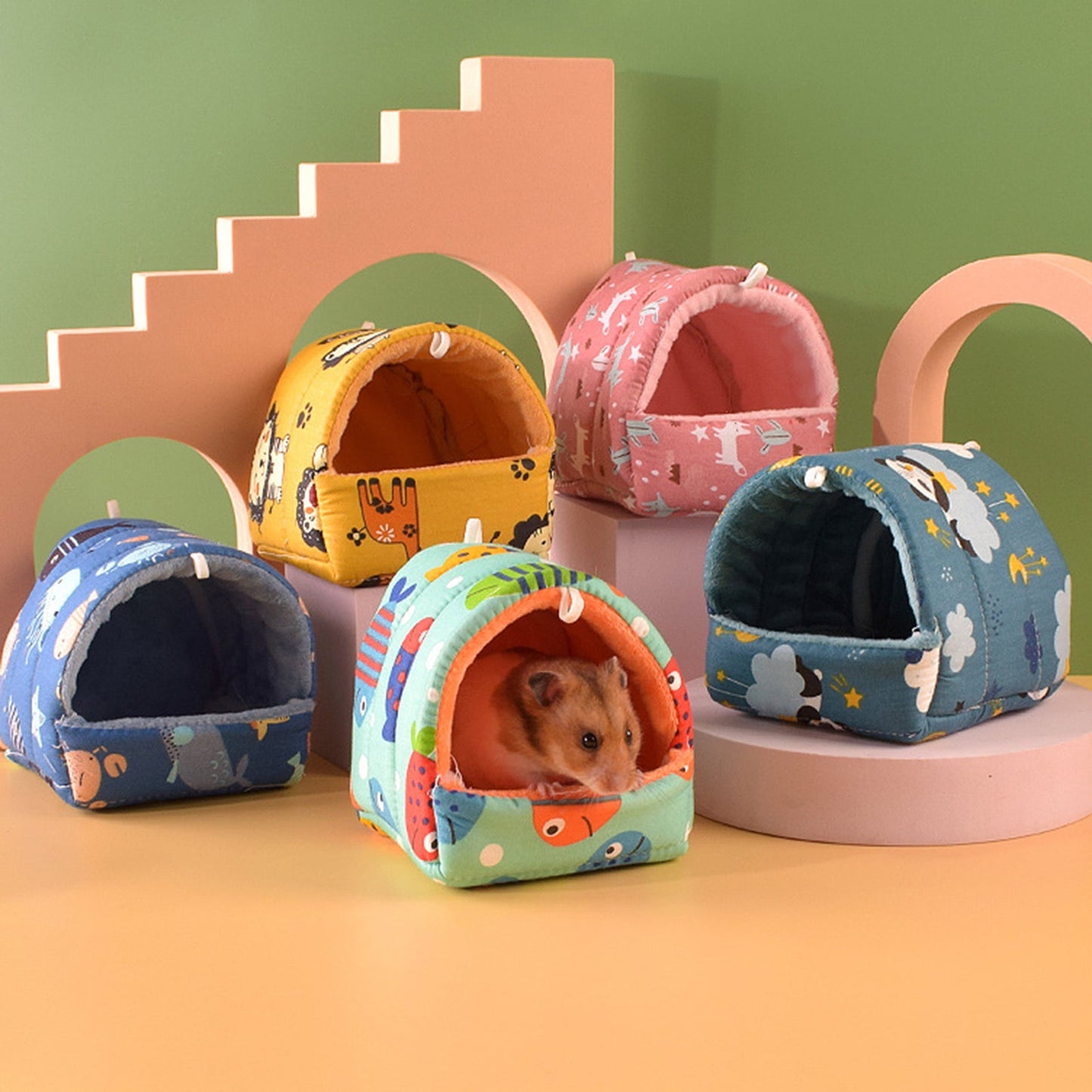 Yirtree Cartoon Pattern Guinea Pig Cave House Bed, Rabbit Squirrel Chinchilla Hamster Hedgehog Nest Hideout, Small Animals Cage Warm Supplies, Machine Washable L Elk Yellow
