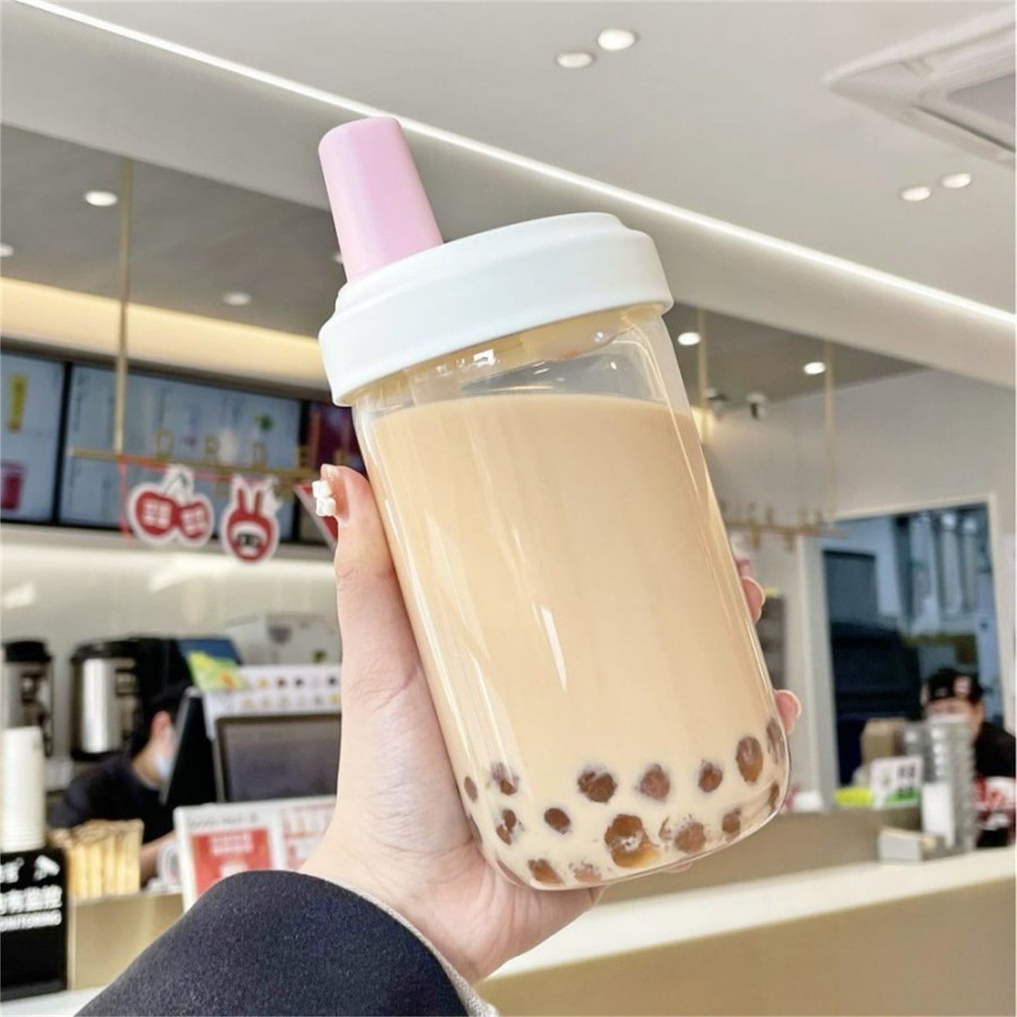 Uanit Reusable Boba Cup for Bubble Tea Boba Tea Cup with Lid and Straw, Leakproof Kawaii Cup, Bubble Tea Cup, Smoothie Tumbler, Insulated, Reusable Straw for Boba Pearls, Boba Gift A Black