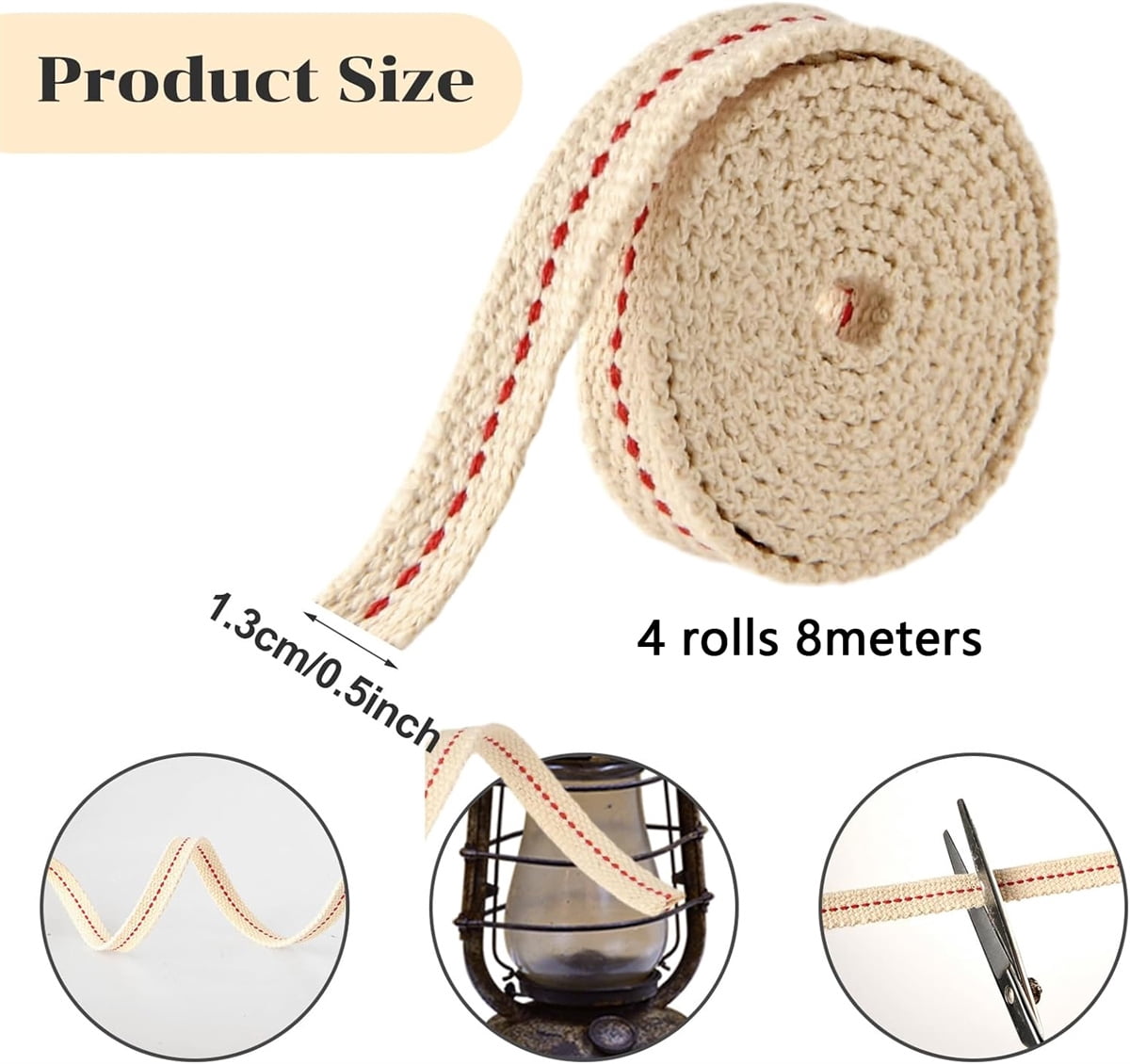GIXUSIL 26.25 Feet Flat Wide, Oil Lamp Wick, Oil Burner Wick, Cotton Replacement Lanterns Wick with Red Stitch for Kerosene Paraffin Burner Lighting, Lantern Oil Burner, 4 Rolls 32.8'