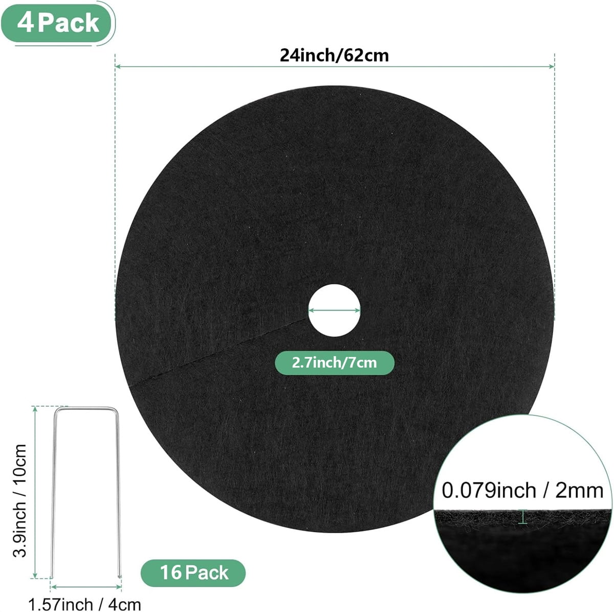 Tutuviw 4 Pack Non-Woven Tree Mulch Ring, Round Mulch Ring Tree Protector Mat with 16 Pcs Garden Stakes, Reusable Heavy Duty Weed Barrier Fabric for Weed Control, Root Protection Mat & Staples