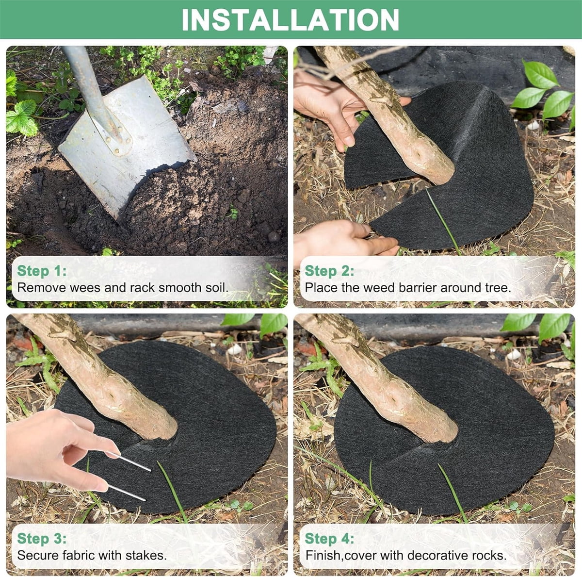 Tutuviw 4 Pack Non-Woven Tree Mulch Ring, Round Mulch Ring Tree Protector Mat with 16 Pcs Garden Stakes, Reusable Heavy Duty Weed Barrier Fabric for Weed Control, Root Protection Mat & Staples