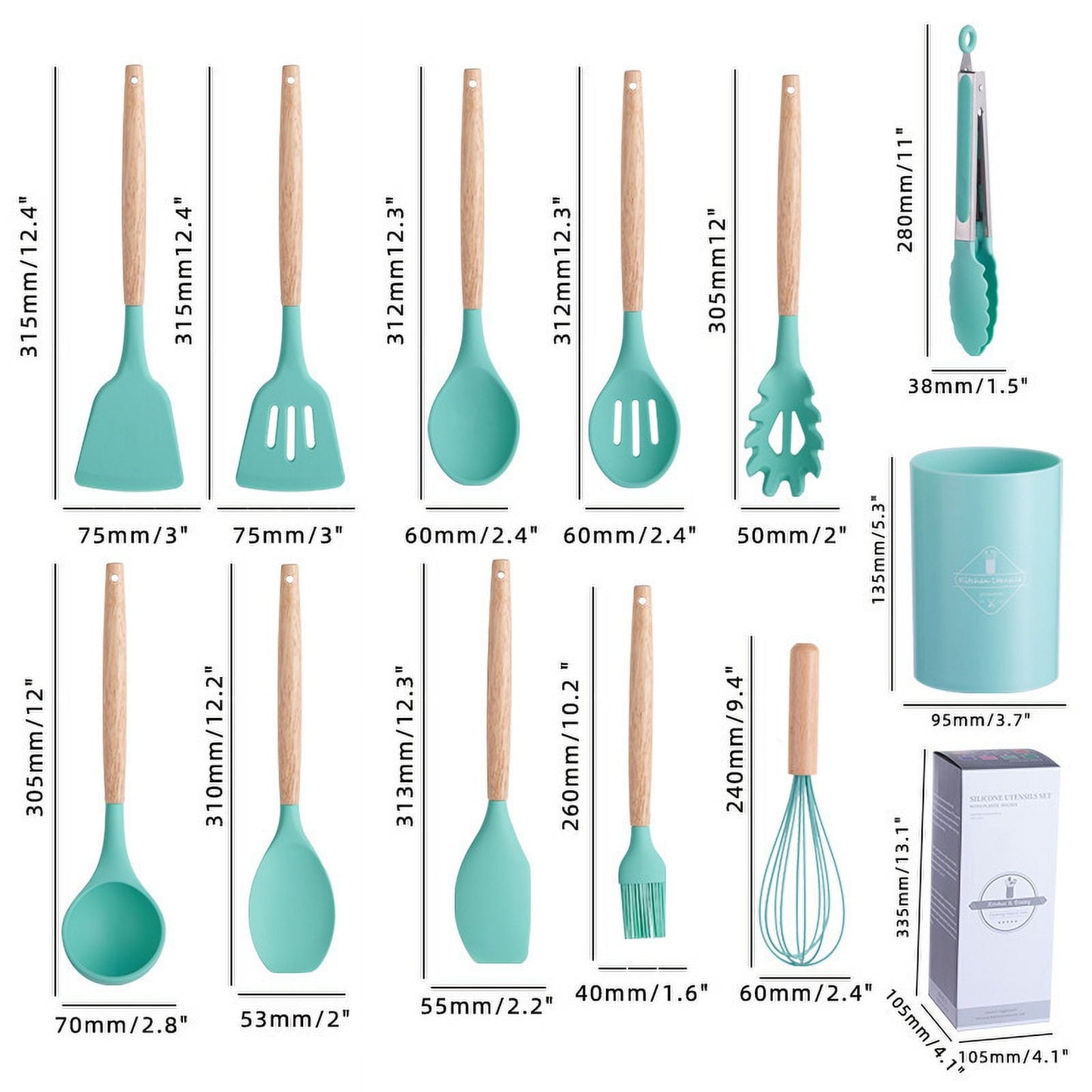12 Piece Silicone Cooking Utensils Set Non-Stick Cutlery Set Food Grade Silicone Kitchenware Wooden Handle Baking Tools Baking Cooking Small Cookware Set for Apartment, Home (Light green) Light green