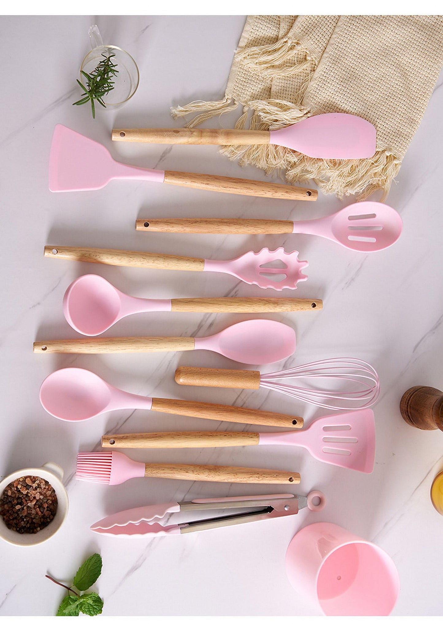 12 Piece Silicone Cooking Utensils Set Non-Stick Cutlery Set Food Grade Silicone Kitchenware Wooden Handle Baking Tools Baking Cooking Small Cookware Set for Apartment, Home (Light green) Light green