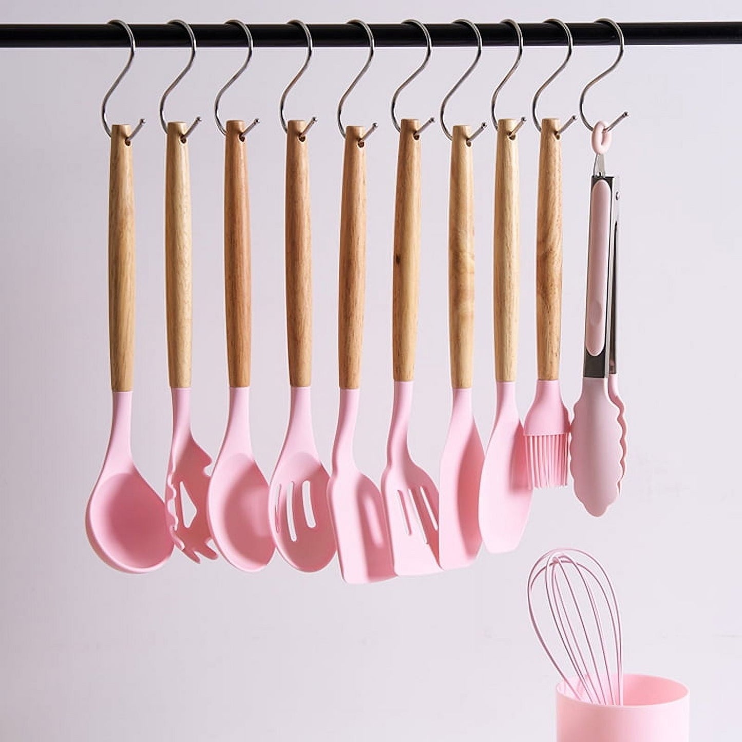 12 Piece Silicone Cooking Utensils Set Non-Stick Cutlery Set Food Grade Silicone Kitchenware Wooden Handle Baking Tools Baking Cooking Small Cookware Set for Apartment, Home (Light green) Light green
