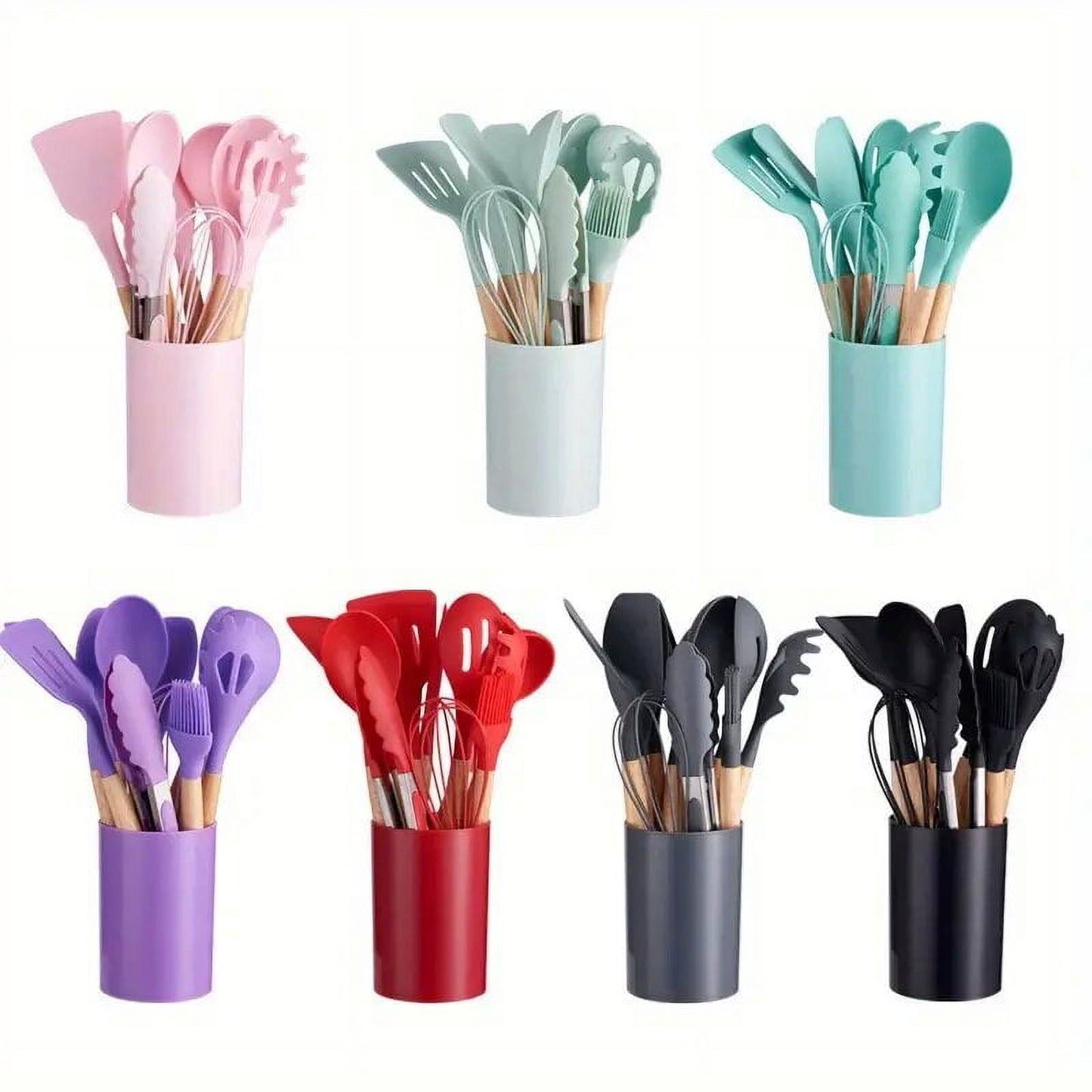 12 Piece Silicone Cooking Utensils Set Non-Stick Cutlery Set Food Grade Silicone Kitchenware Wooden Handle Baking Tools Baking Cooking Small Cookware Set for Apartment, Home (Light green) Light green