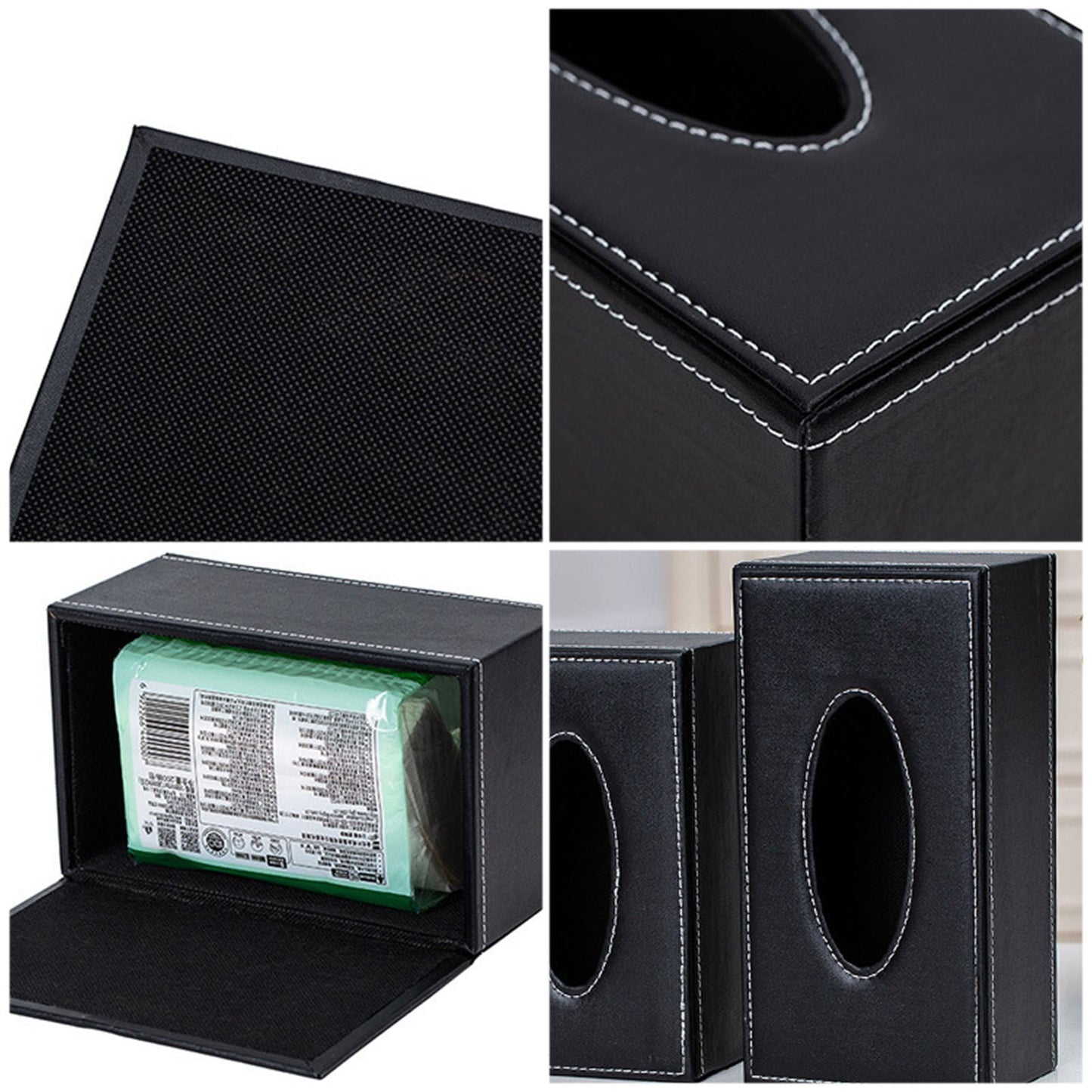 Cagnkofi Tissue Box Cover Rectangular, PU Leather Tissue Box Holder for Kleenex, Napkin, Tissue Box Cover Rectangle, Tissue Holder for Bathroom Car Home Decorative A Black